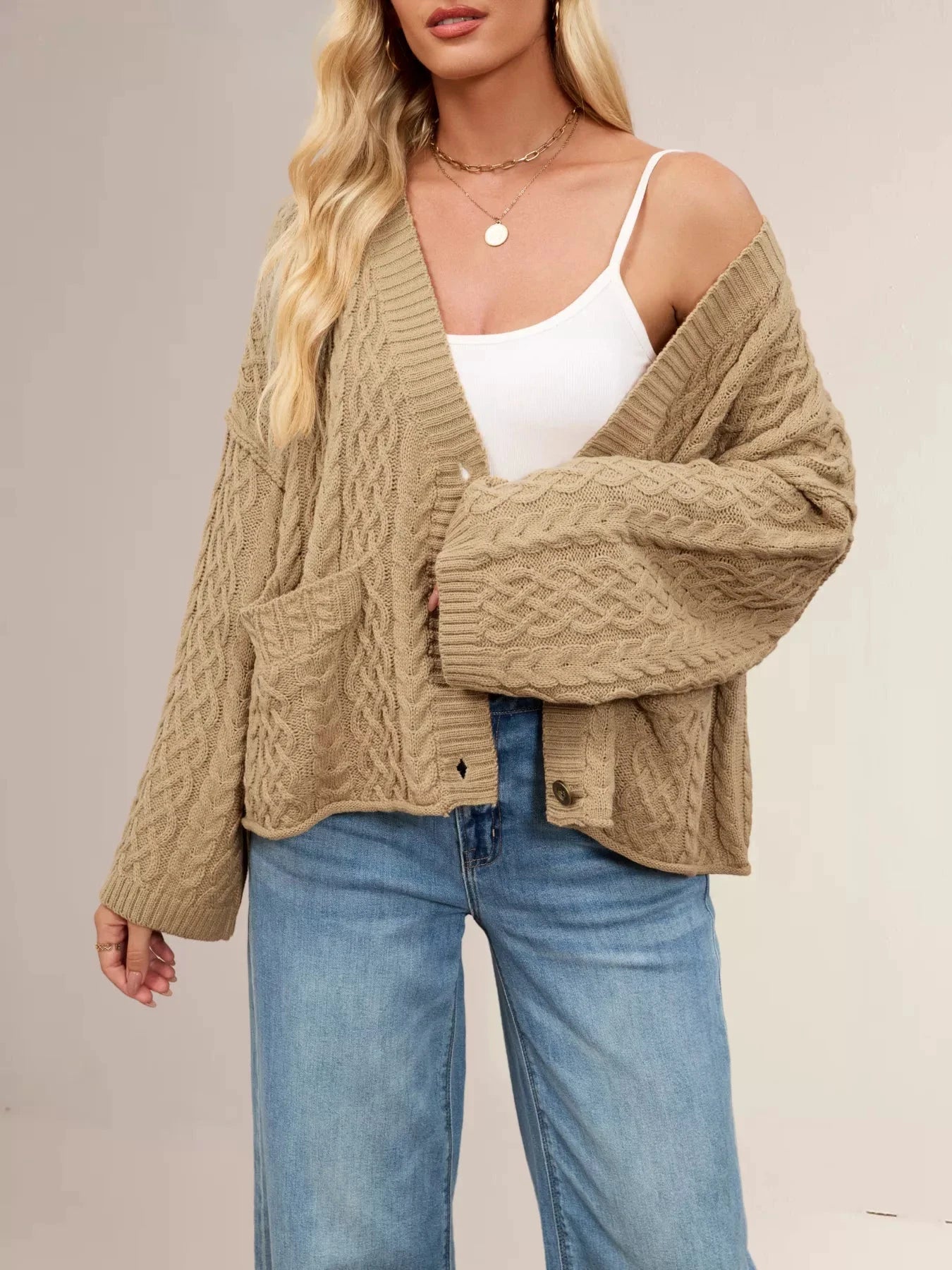 Cable Knit Button-Down Cardigan by Trendsi