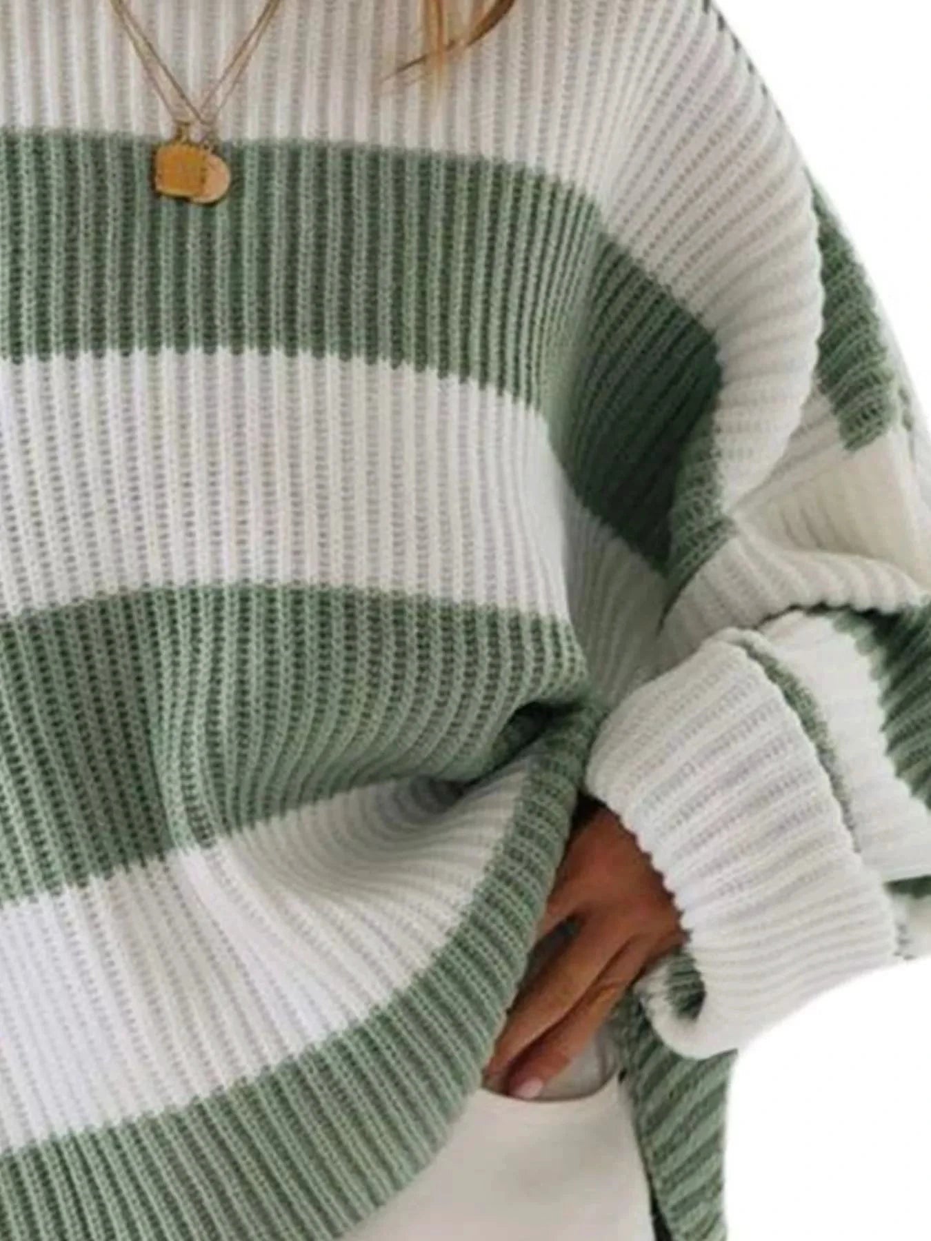 Full Size Contrast Striped Round Neck Sweater Plus Size by Trendsi