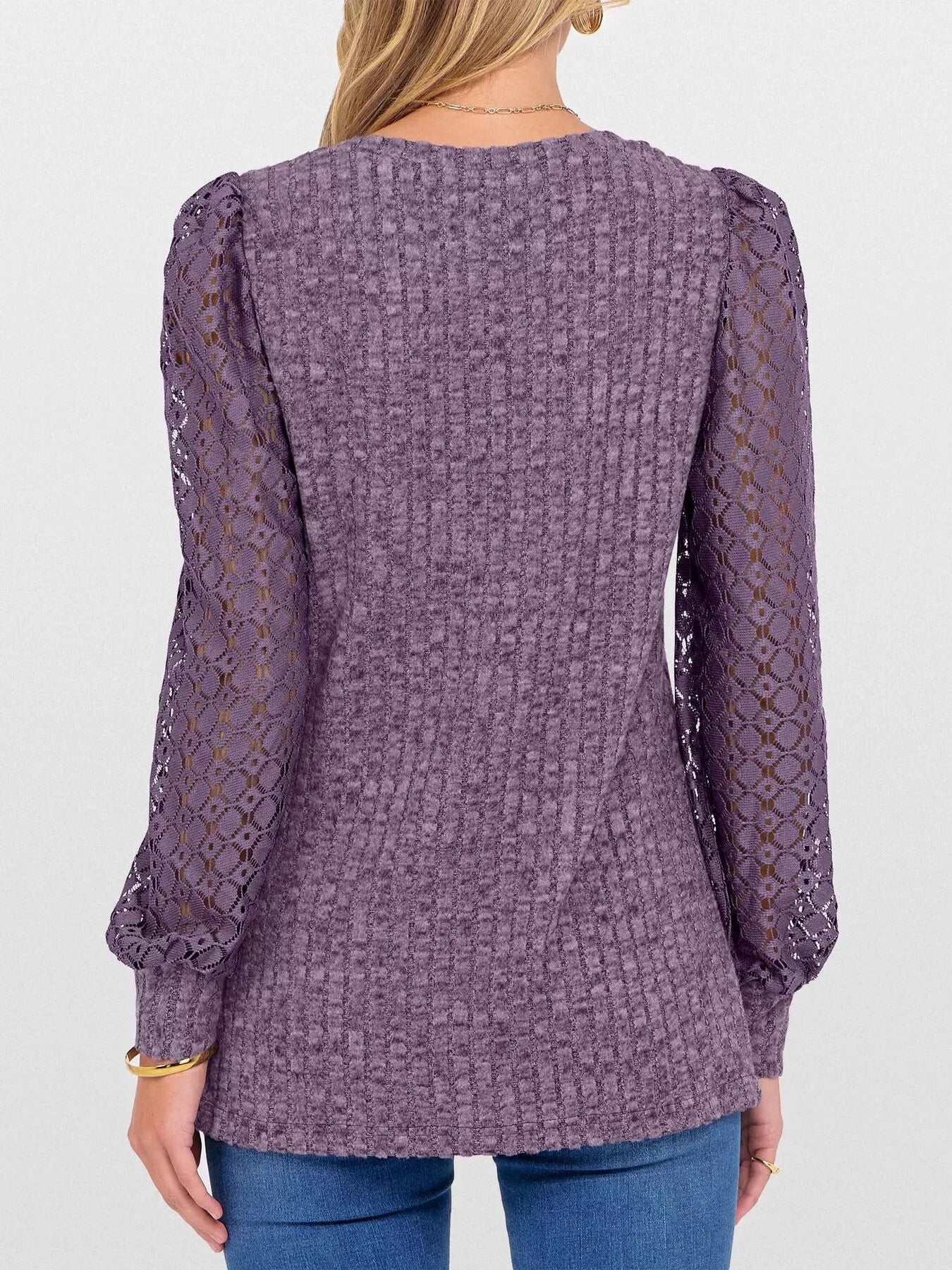 Lace Sleeve V-Neck T-Shirt by Trendsi