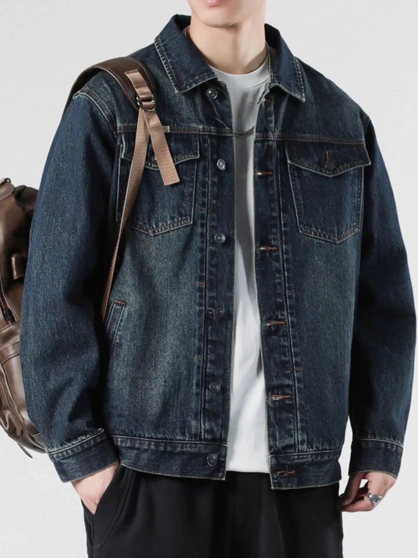 Men's Plus Size Button Up Wash Denim Jacket by Trendsi