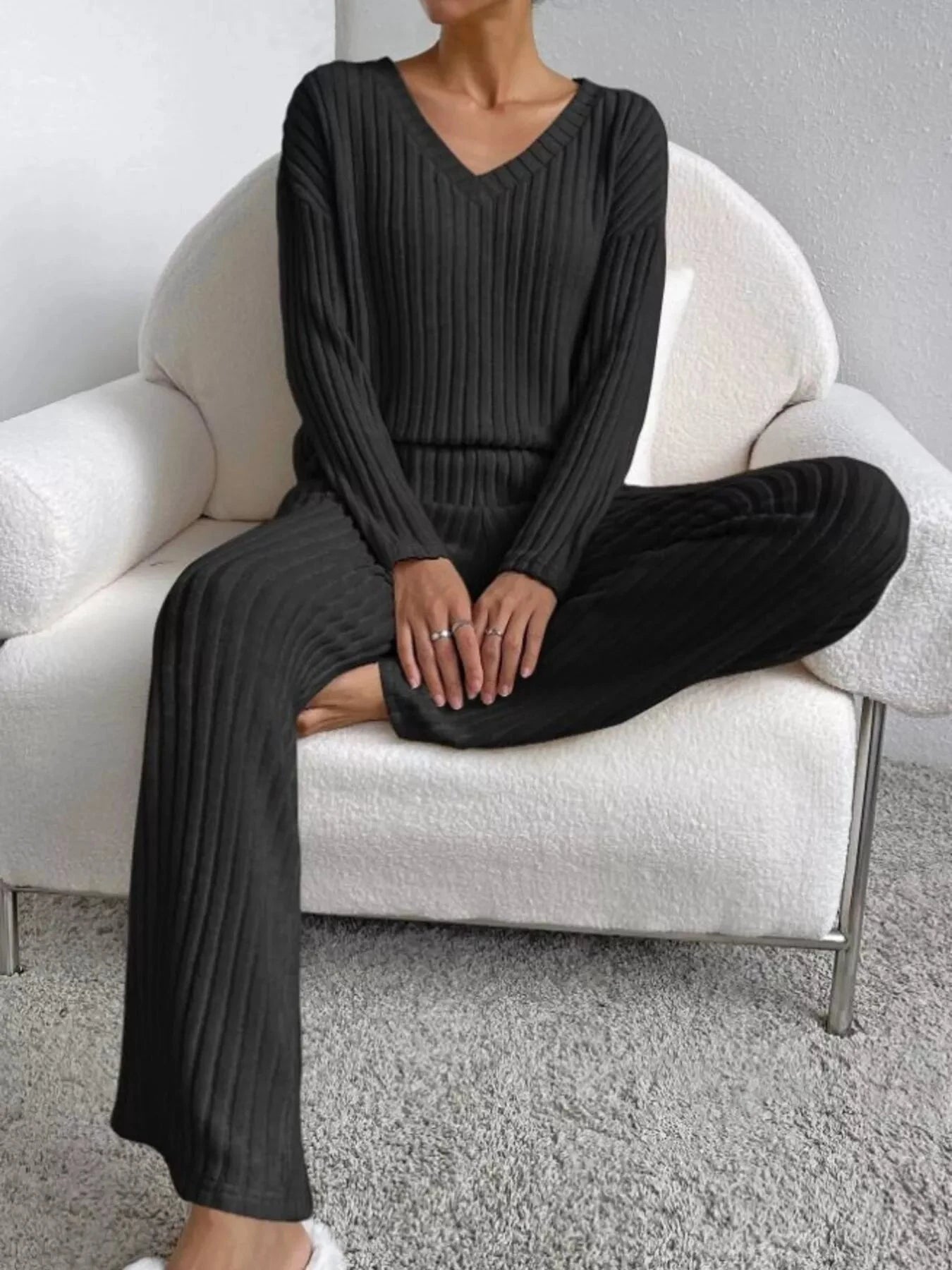 Ribbed Knit V-Neck Top and Pants Set by Trendsi