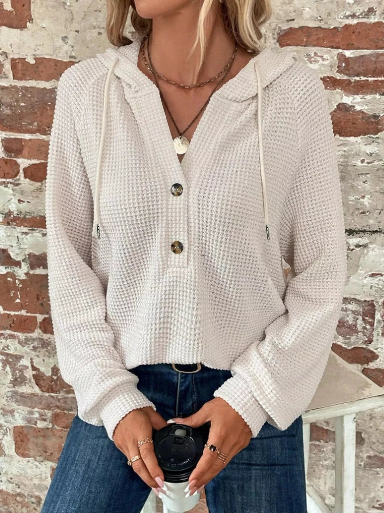 Waffle Knit Button Detail Hoodie by Trendsi