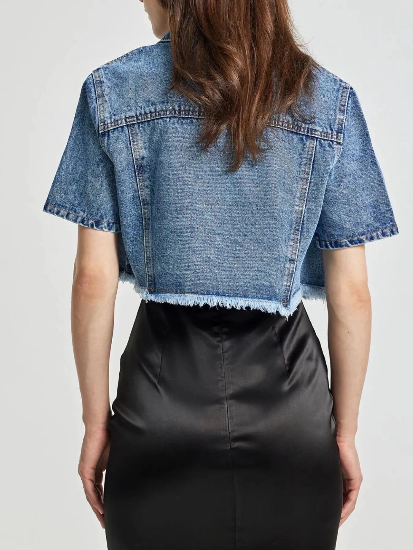 Cropped Short Sleeve Denim Jacket with Frayed Hem by Trendsi