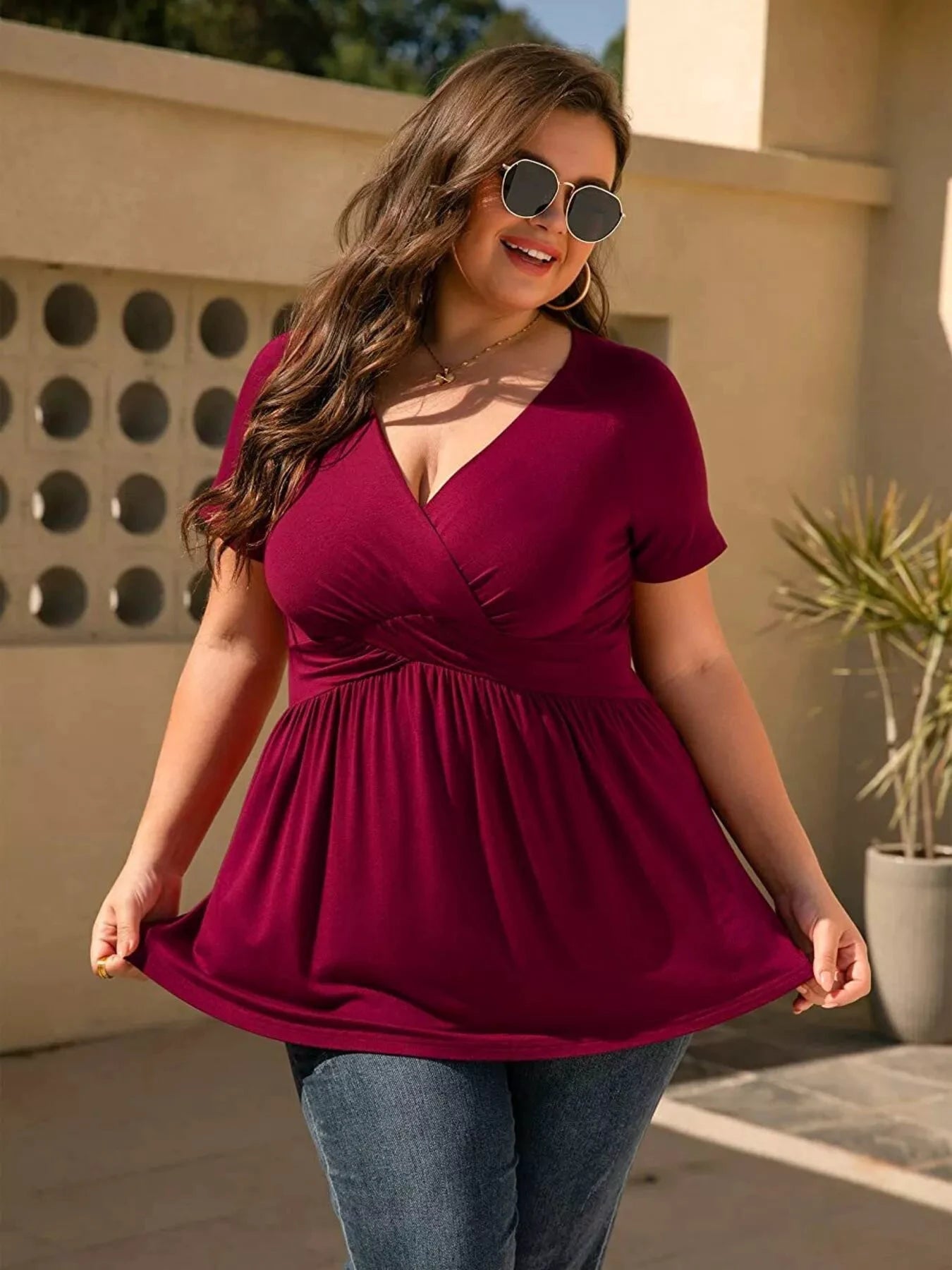 Plus Size Surplice Short Sleeve T-Shirt by Trendsi
