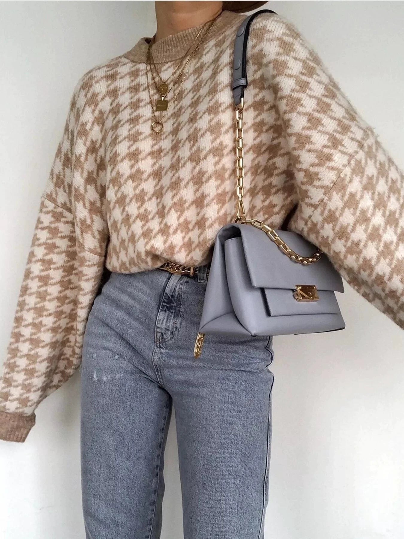 Full Size Houndstooth Pattern Oversized Sweater Plus Size by Trendsi