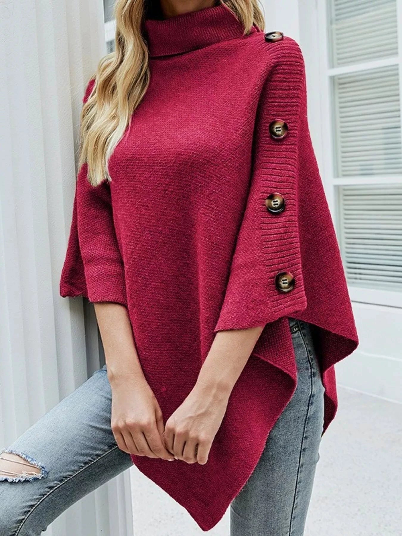 Button-Decor Turtleneck Poncho Pullover by Trendsi