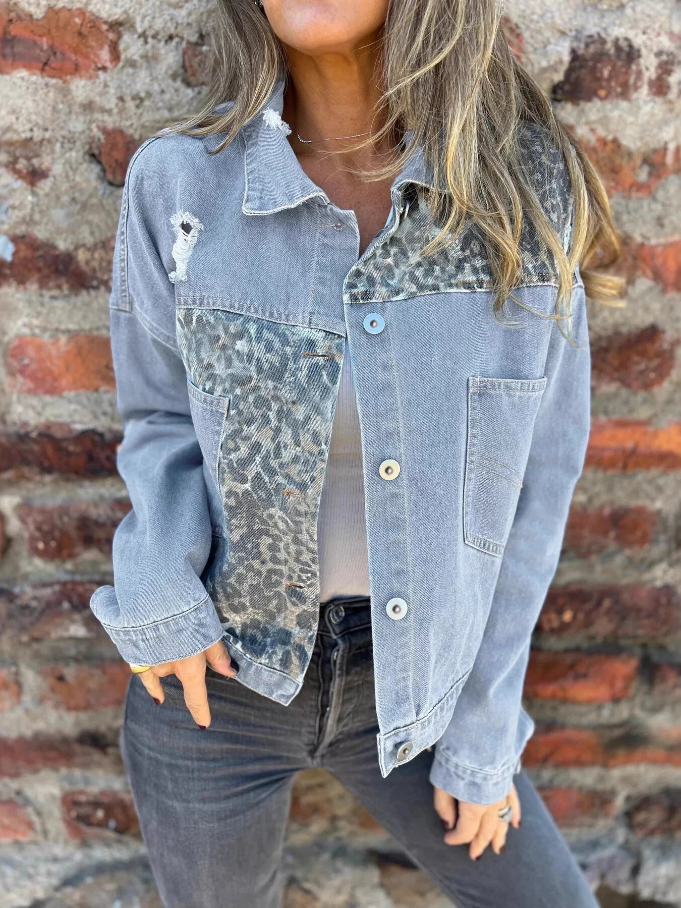 Full Size Leopard Button Up Denim Jacket Plus Size by Trendsi