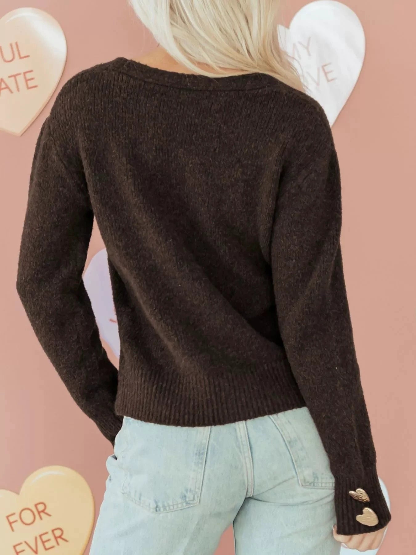 Heart Metal Button V Neck Cardigan Sweater by Trendsi