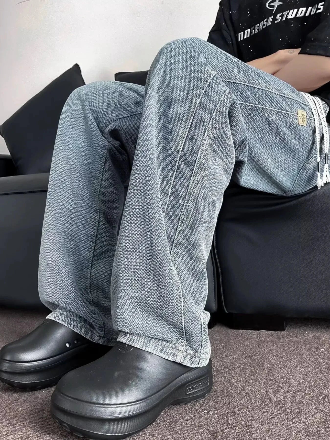 Men's Plus Size Drawstring Washed Wide Leg Jeans by Trendsi