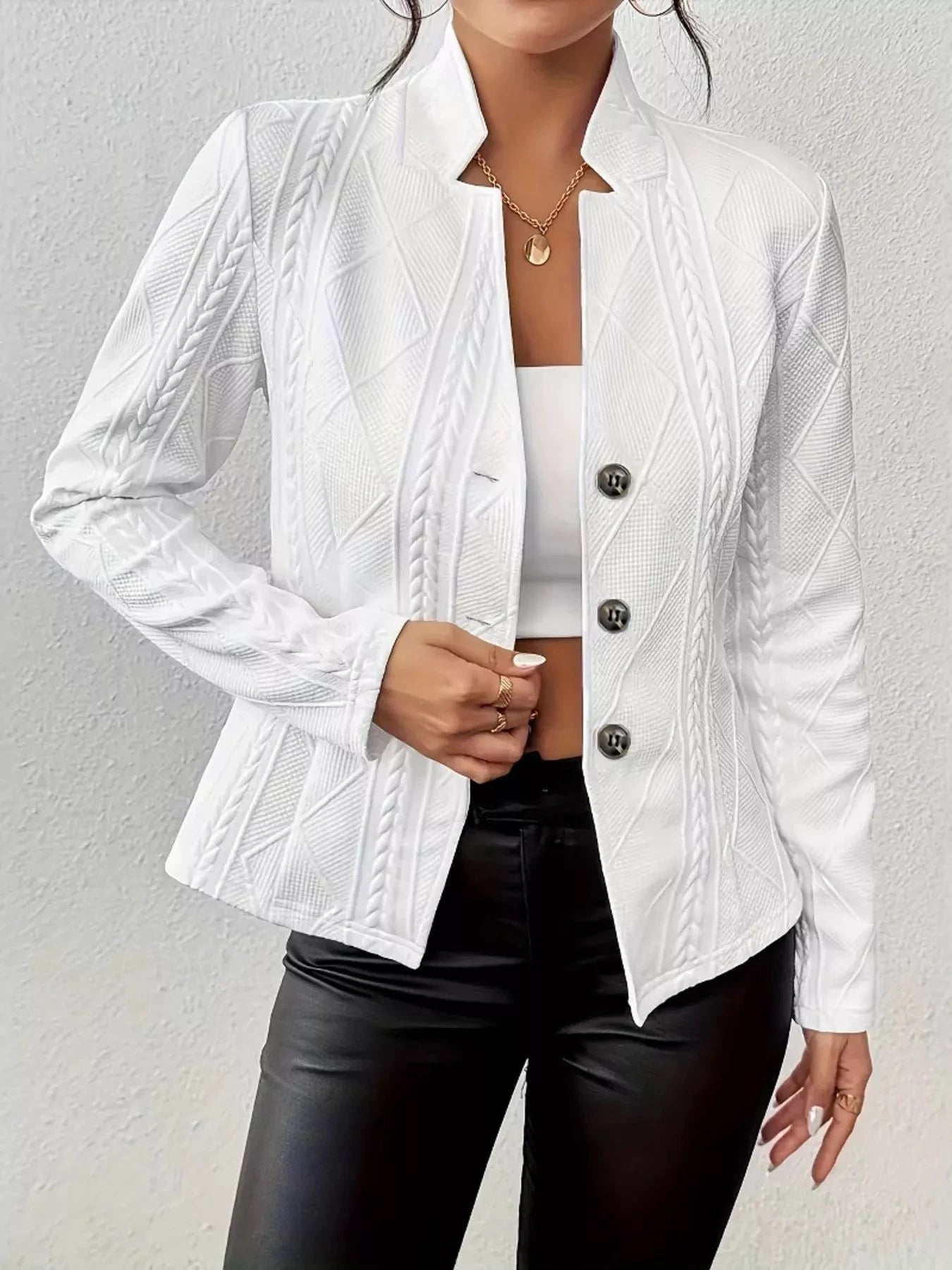 Textured Knit Button-Front Blazer by Trendsi
