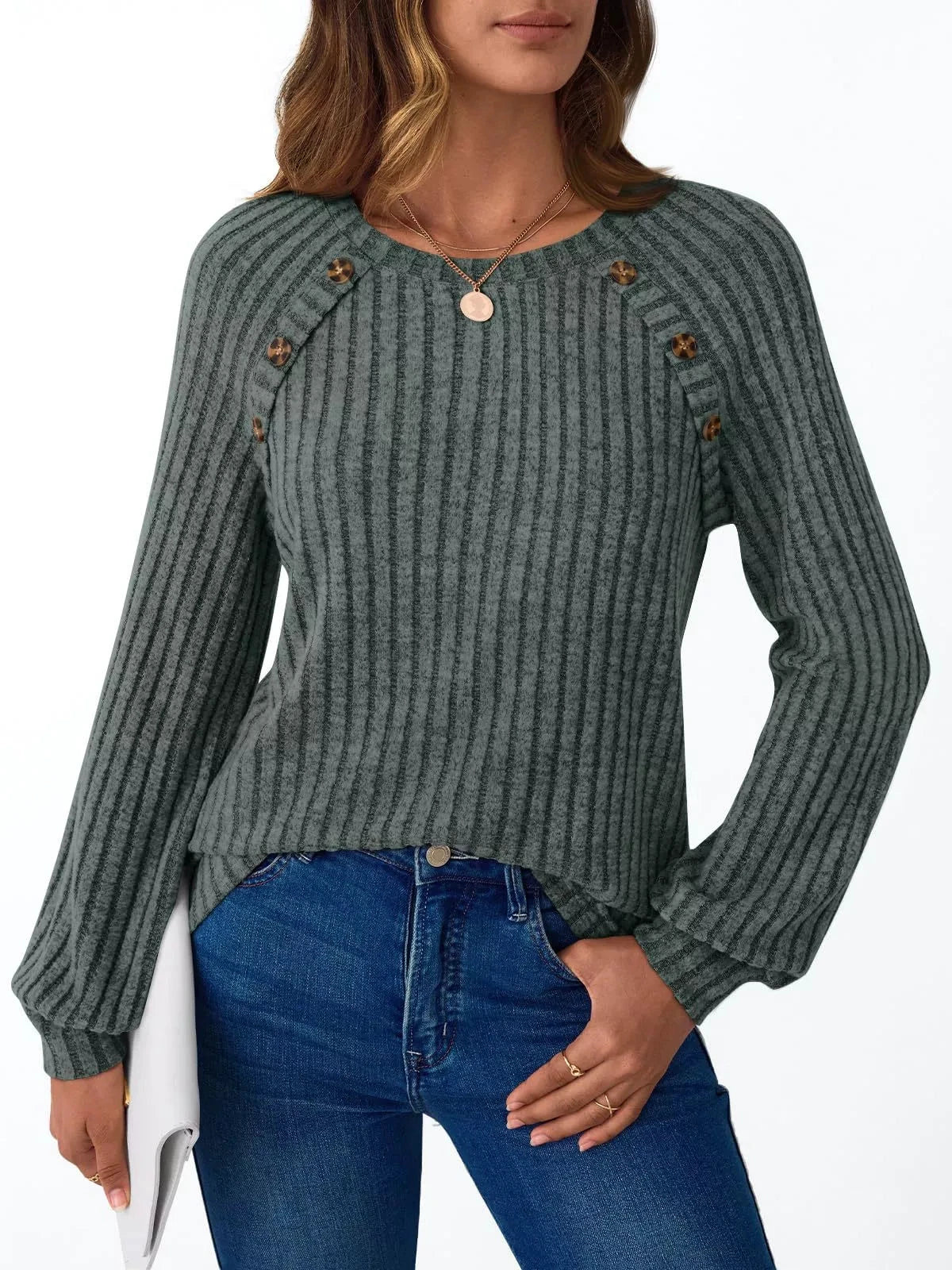 Ribbed Knit Decor Button Long Sleeve T-Shirt by Trendsi