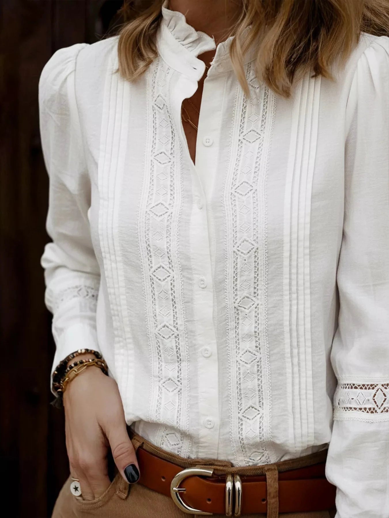 Lace Trim Long Sleeve Shirt by Trendsi