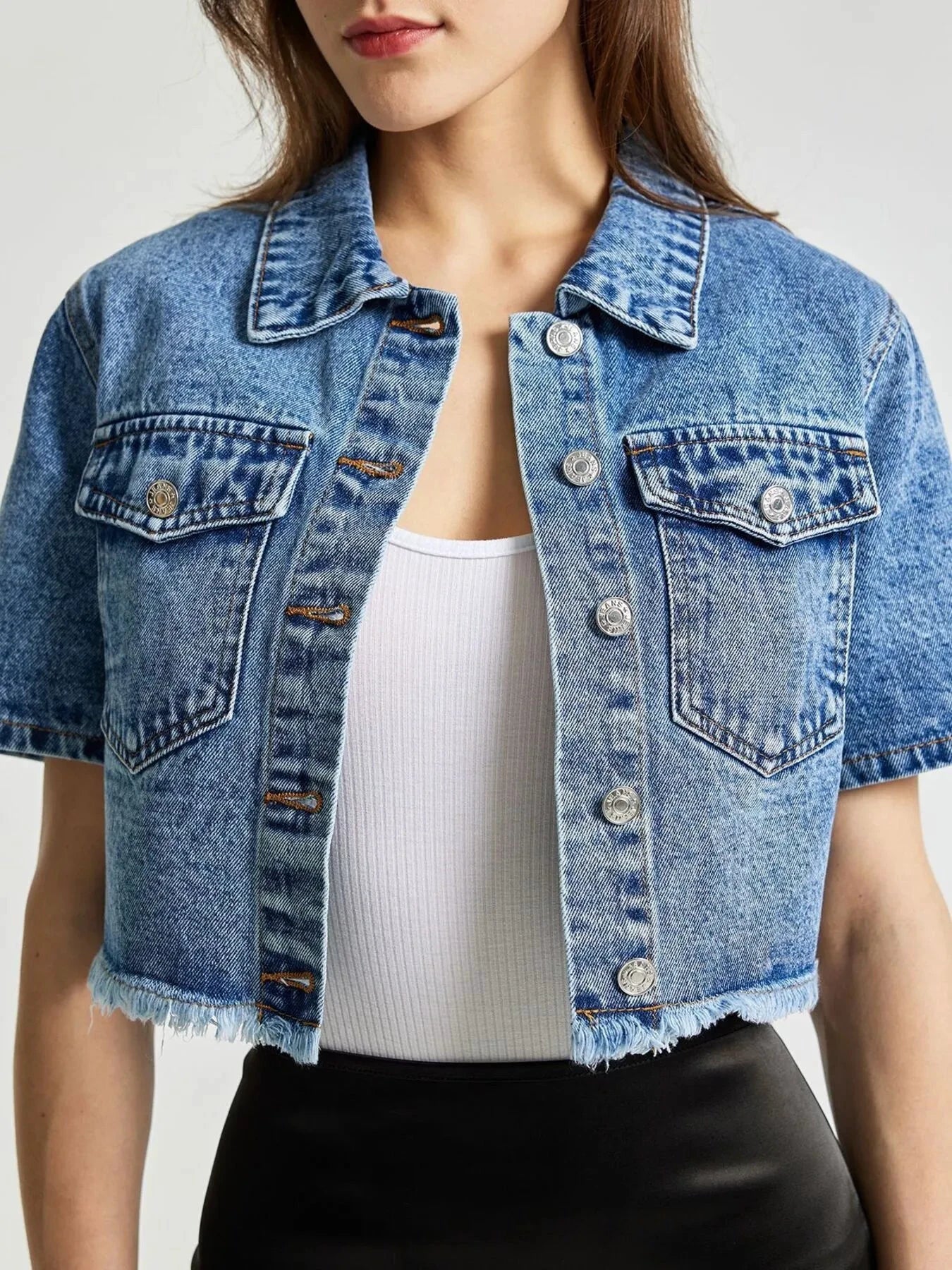 Cropped Short Sleeve Denim Jacket with Frayed Hem by Trendsi
