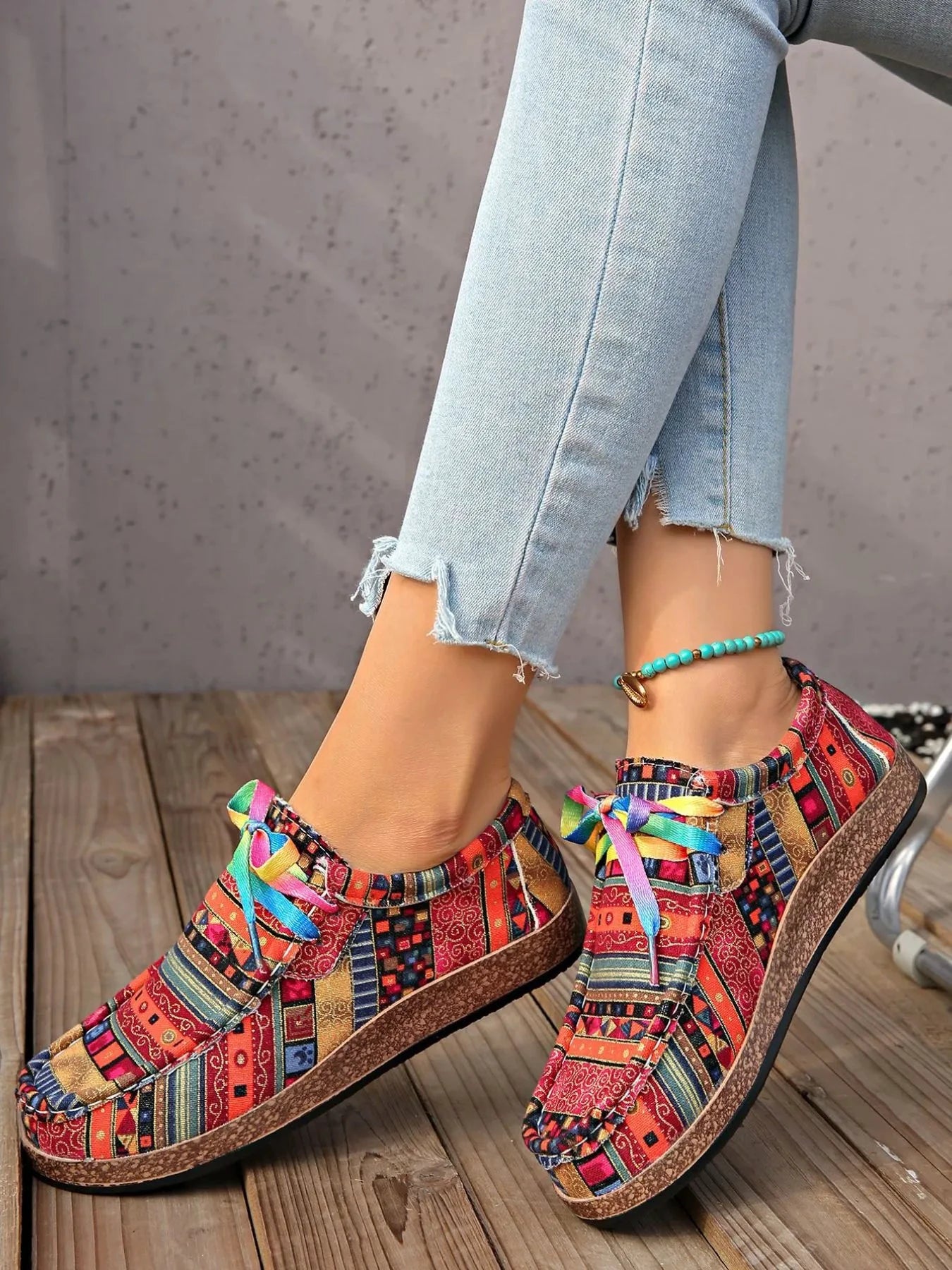 Printed Lace Up Sneakers by Trendsi