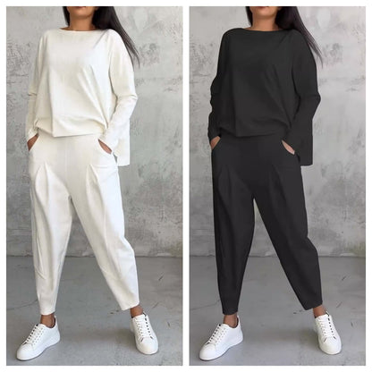 Women's Irregular Suit Long-sleeved Round Neck Top And Loose Harem Pants With Pockets Ins Fashion Trousers Set Women's Clothing