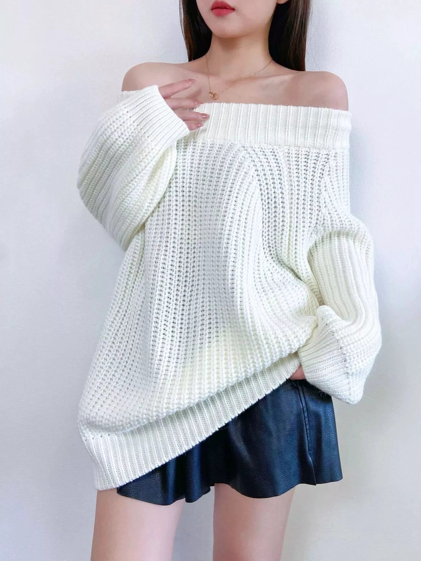 Off-Shoulder Chunky Knit Sweater by Trendsi