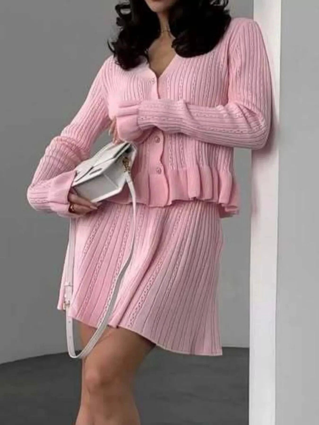 Ruffle Trim Knit Cardigan & Skirt Set by Trendsi