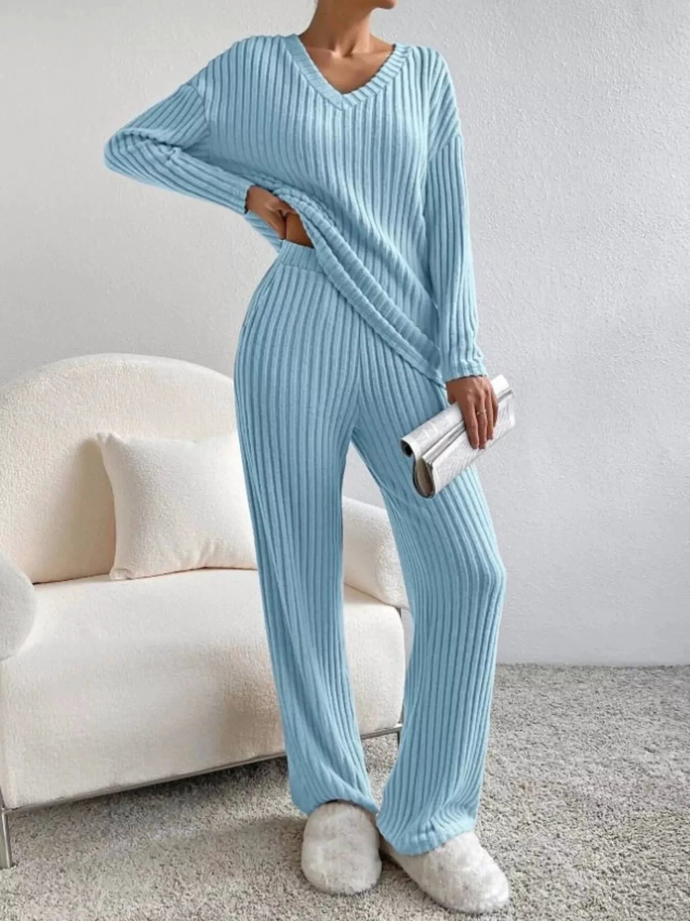 Ribbed Knit V-Neck Top and Pants Set by Trendsi