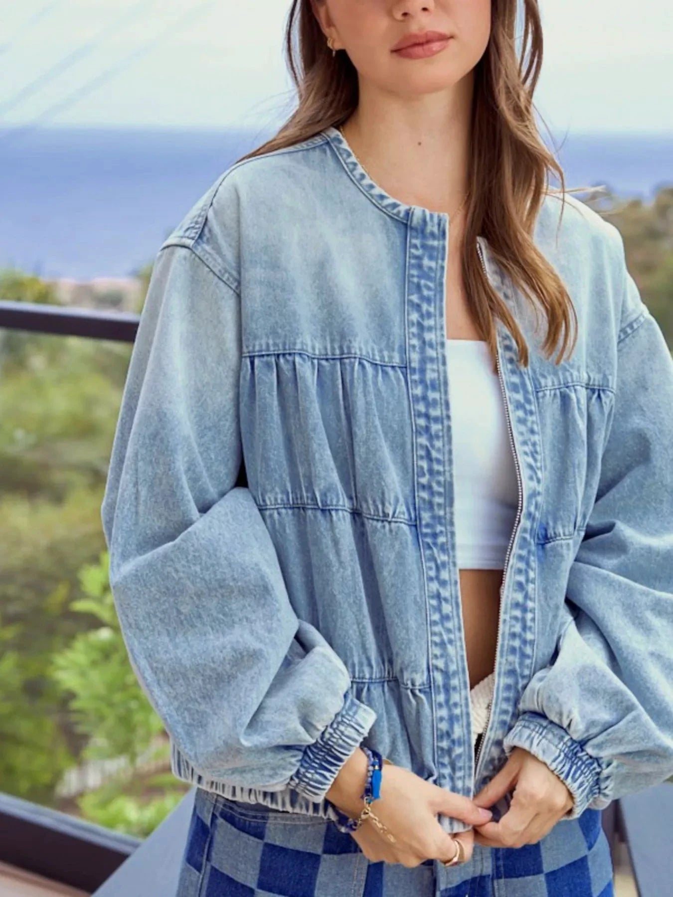 Washed Zip Up Denim Jacket by Trendsi