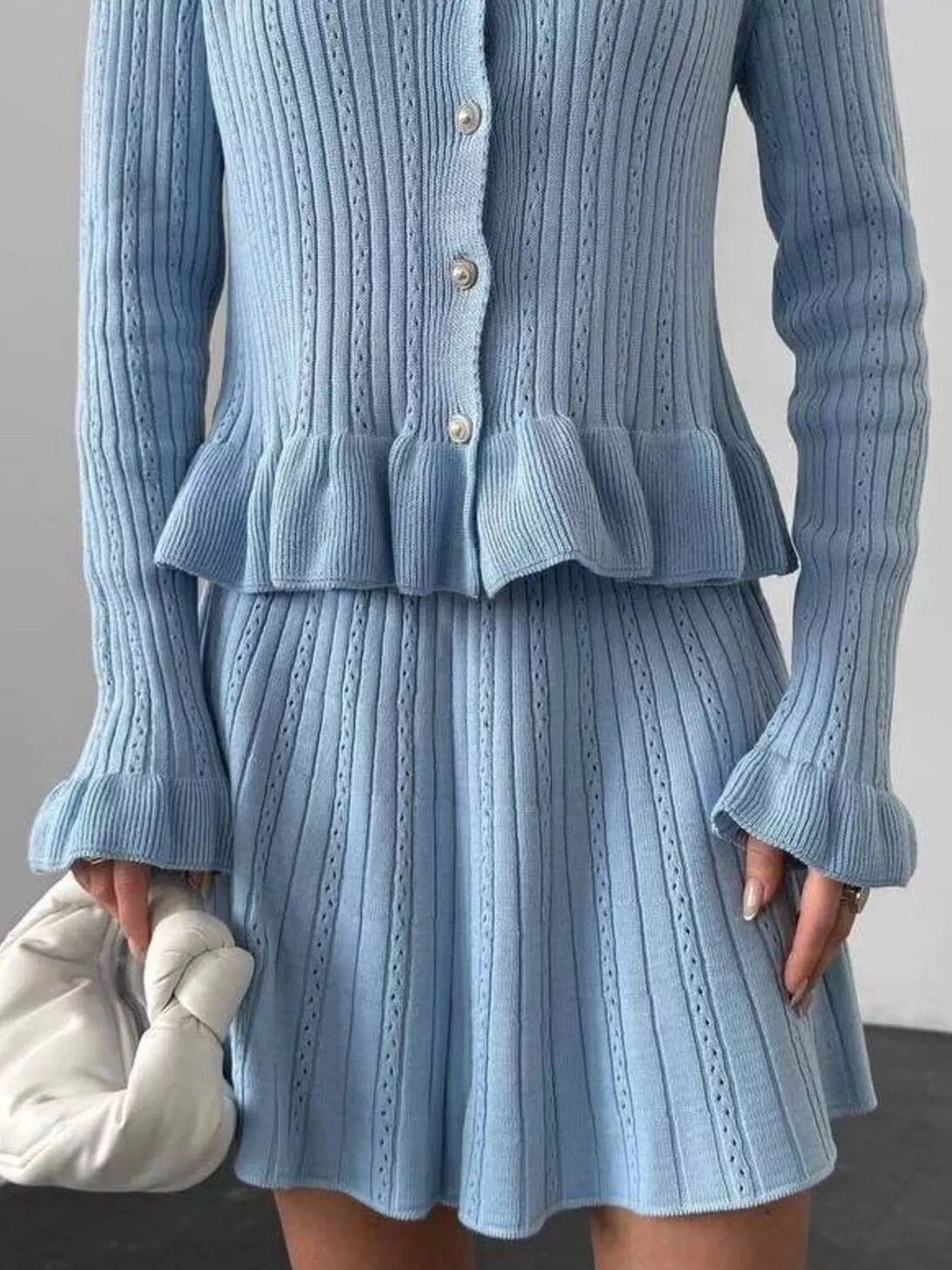 Ruffle Trim Knit Cardigan & Skirt Set by Trendsi