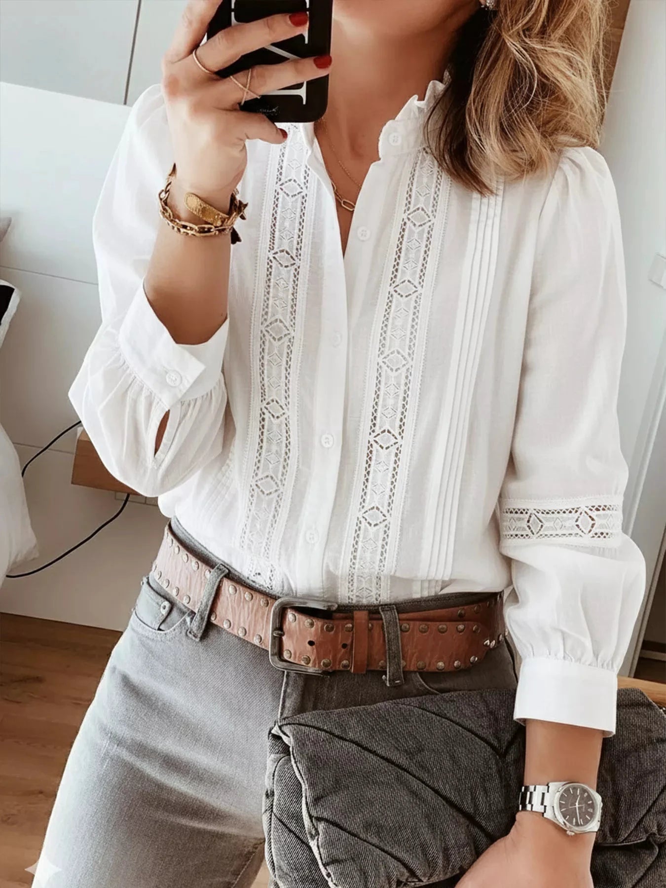 Lace Trim Long Sleeve Shirt by Trendsi