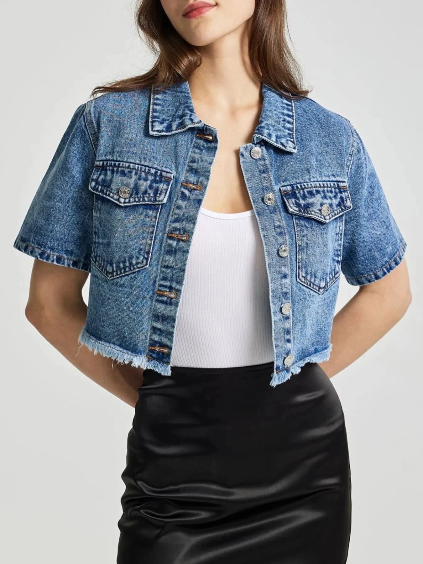 Cropped Short Sleeve Denim Jacket with Frayed Hem by Trendsi