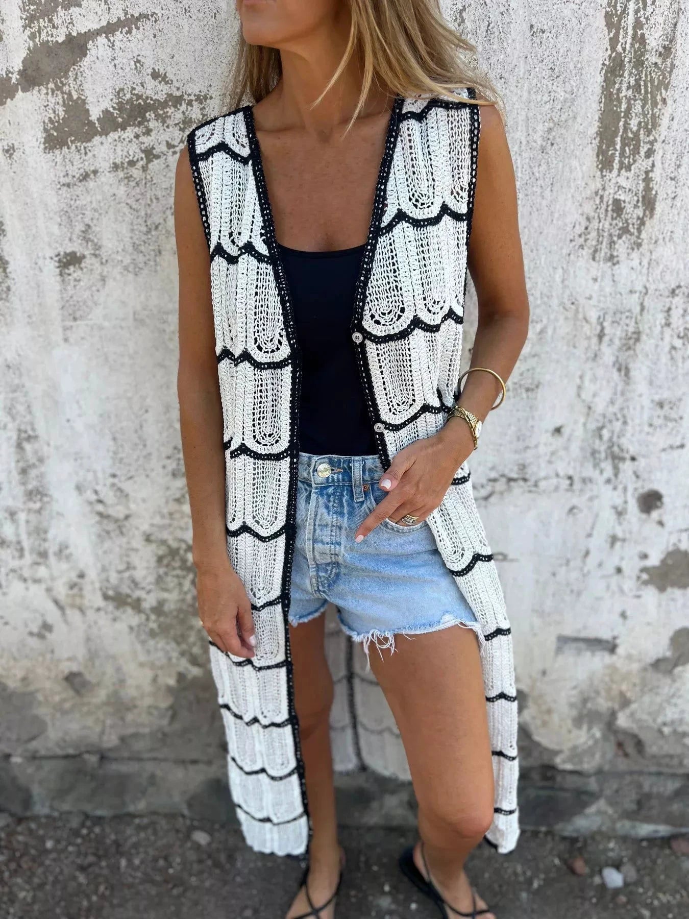 Sleeveless Crochet Longline Cardigan by Trendsi