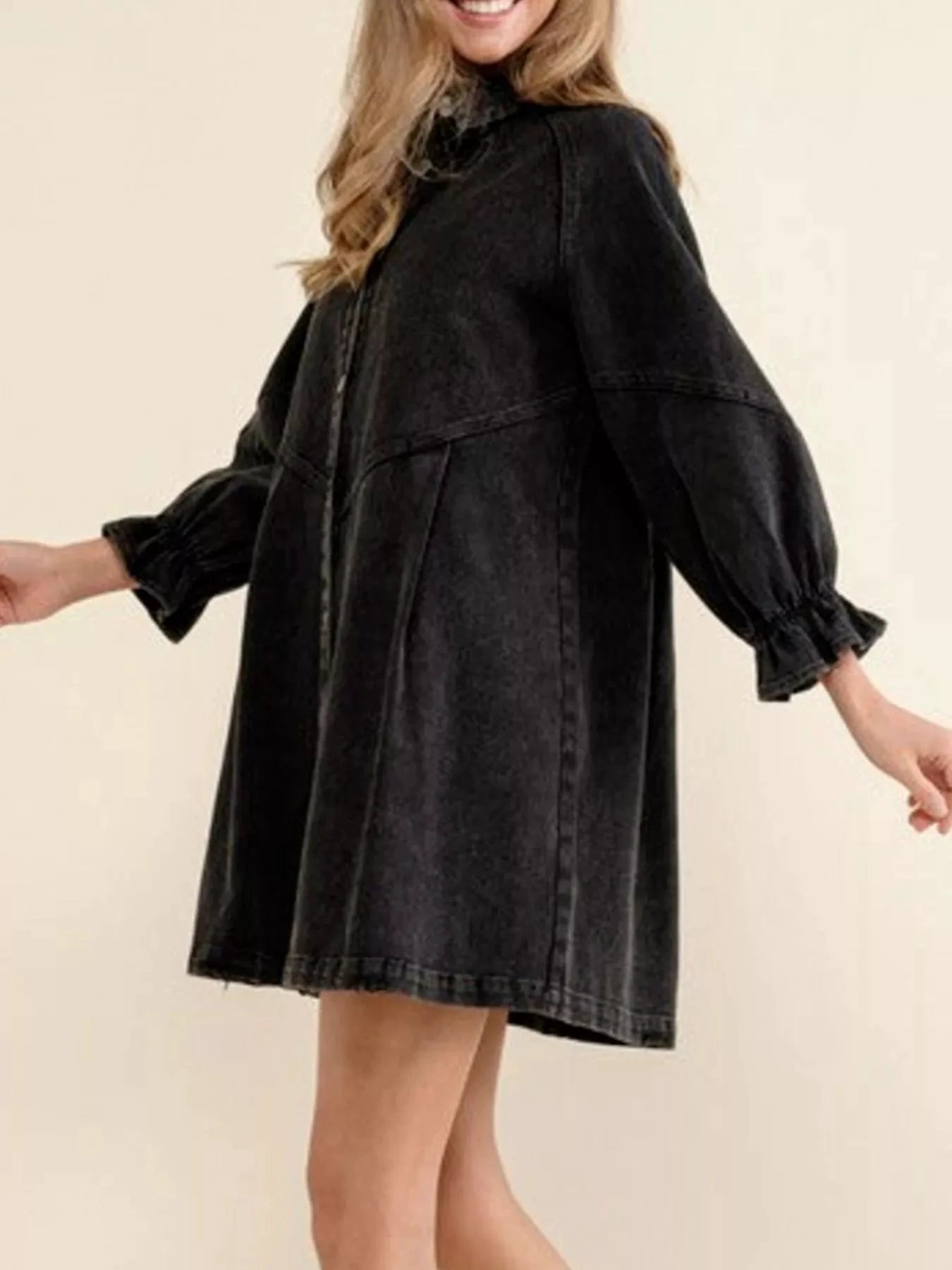 Ruffled Cuff Button-Down Denim Dress by Trendsi