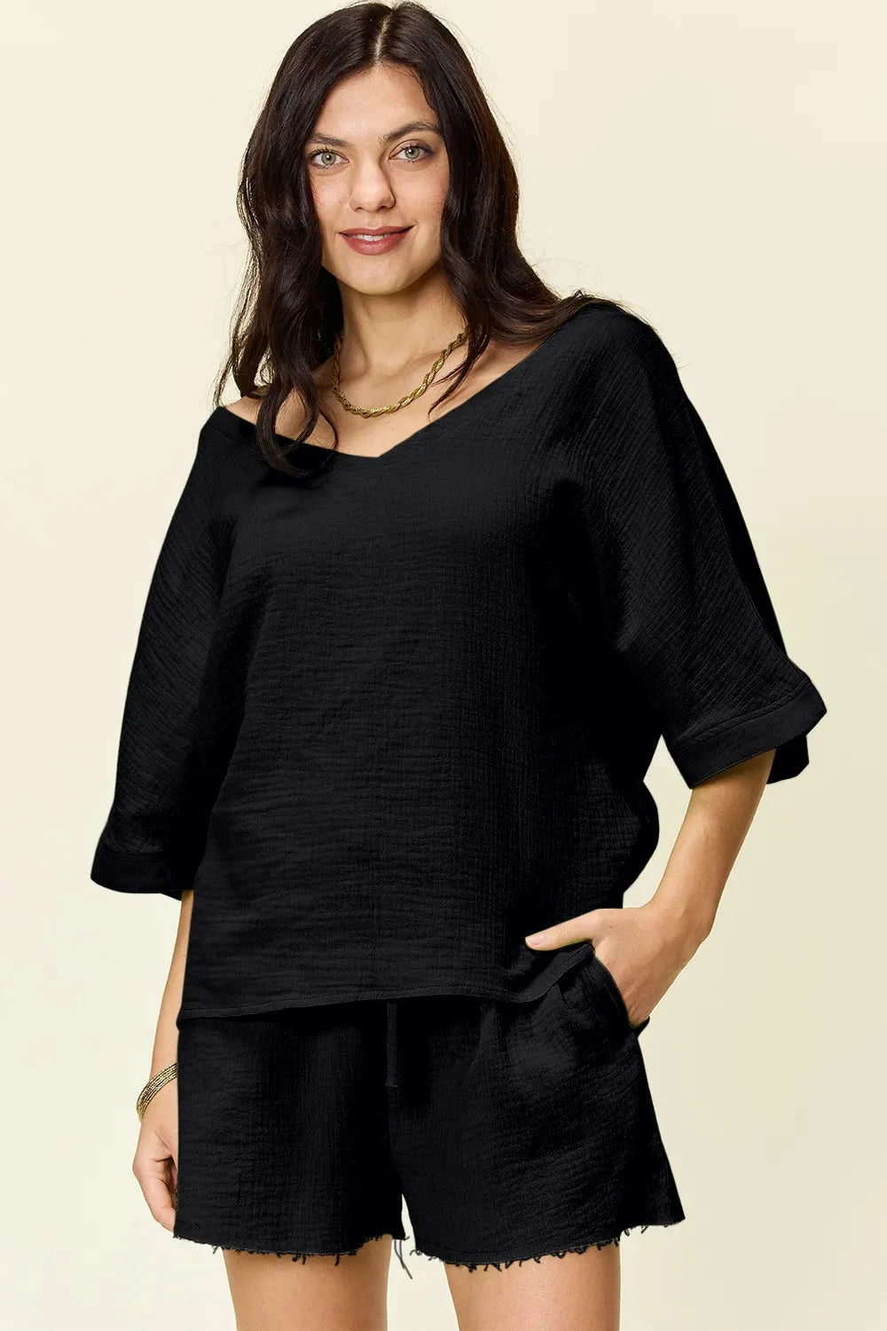 Double Take Texture Half Sleeve T-Shirt and Drawstring Shorts Set by Trendsi