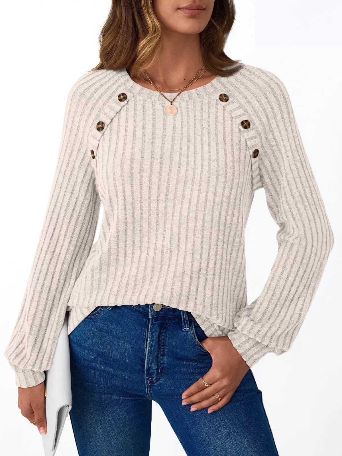 Ribbed Knit Decor Button Long Sleeve T-Shirt by Trendsi