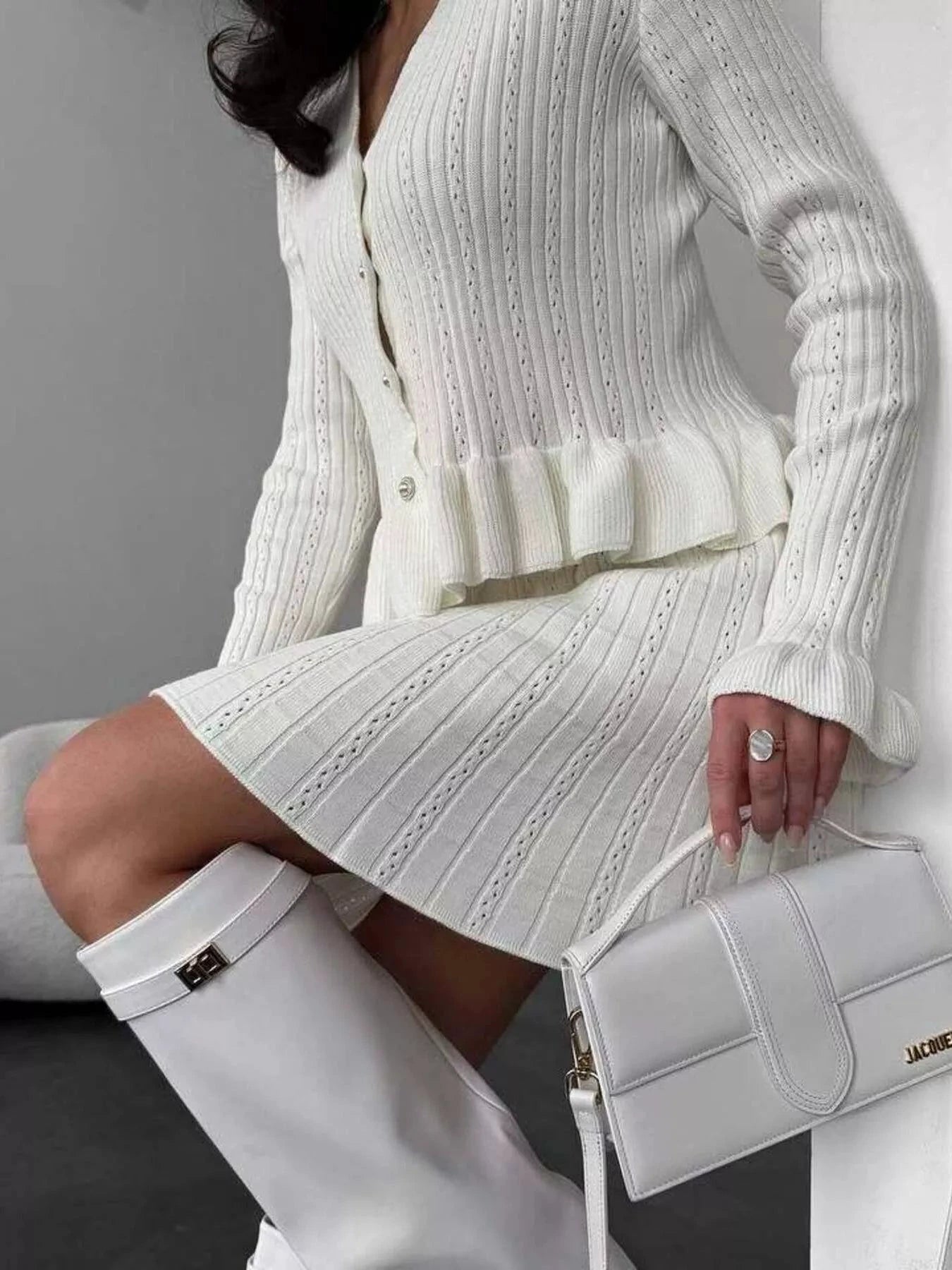 Ruffle Trim Knit Cardigan & Skirt Set by Trendsi