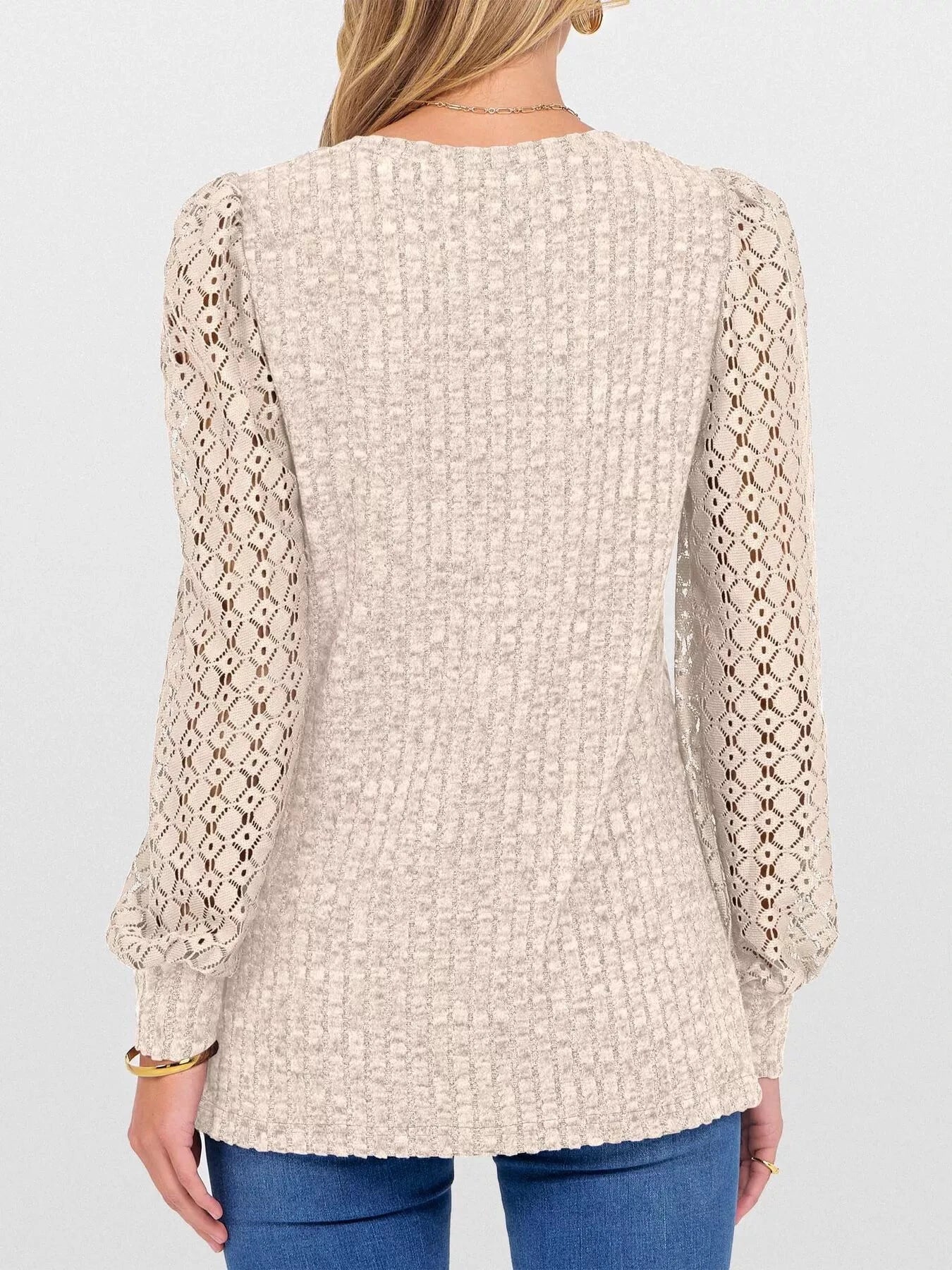 Lace Sleeve V-Neck T-Shirt by Trendsi