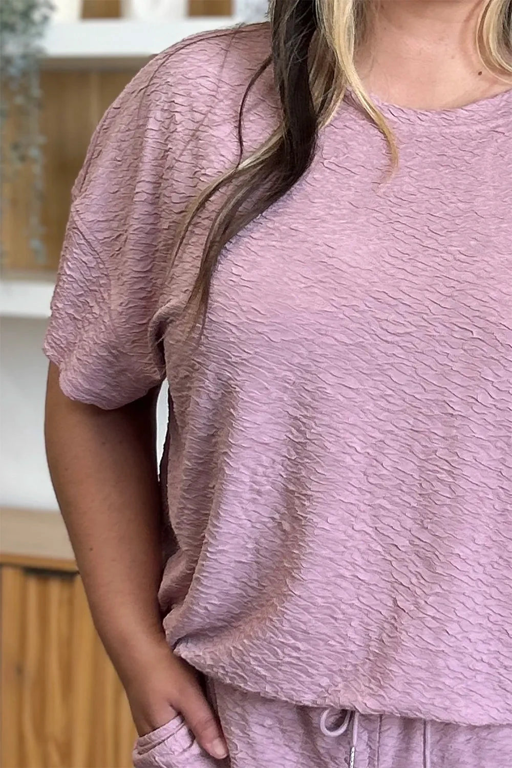 Double Take Full Size Texture Short Sleeve Top and Pants Set by Trendsi