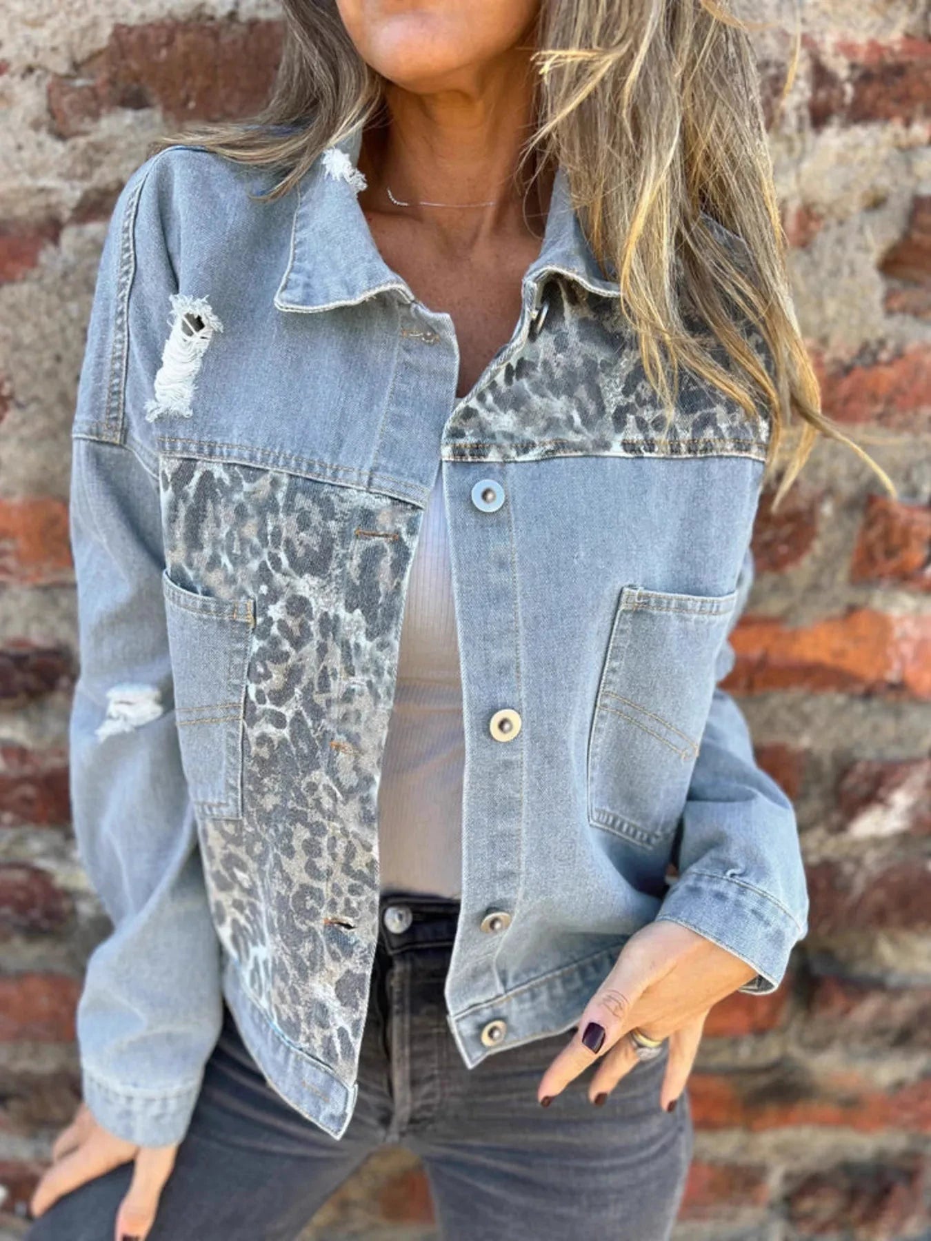 Full Size Leopard Button Up Denim Jacket Plus Size by Trendsi