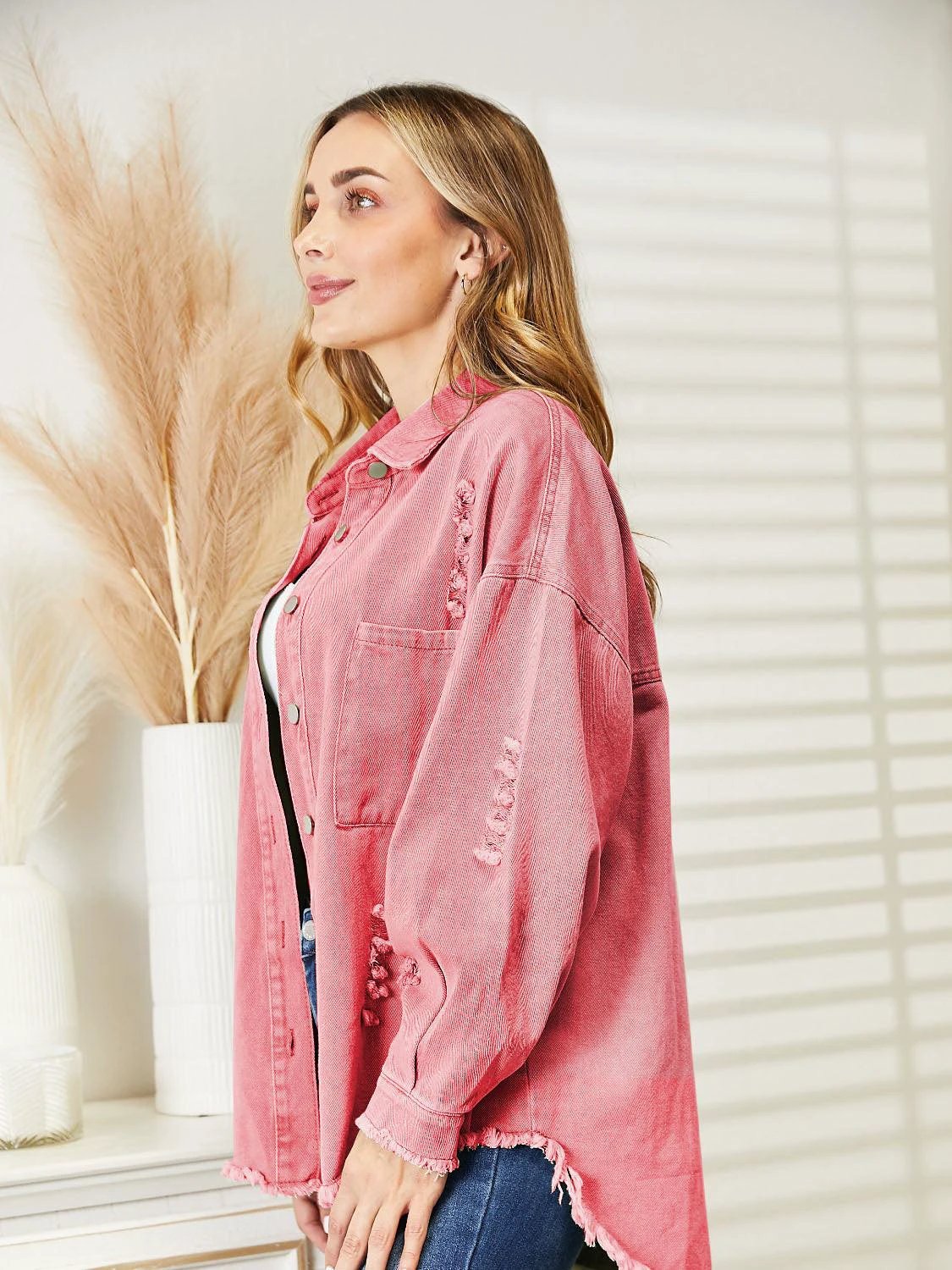 Distressed Raw Hem Denim Jacket by Trendsi