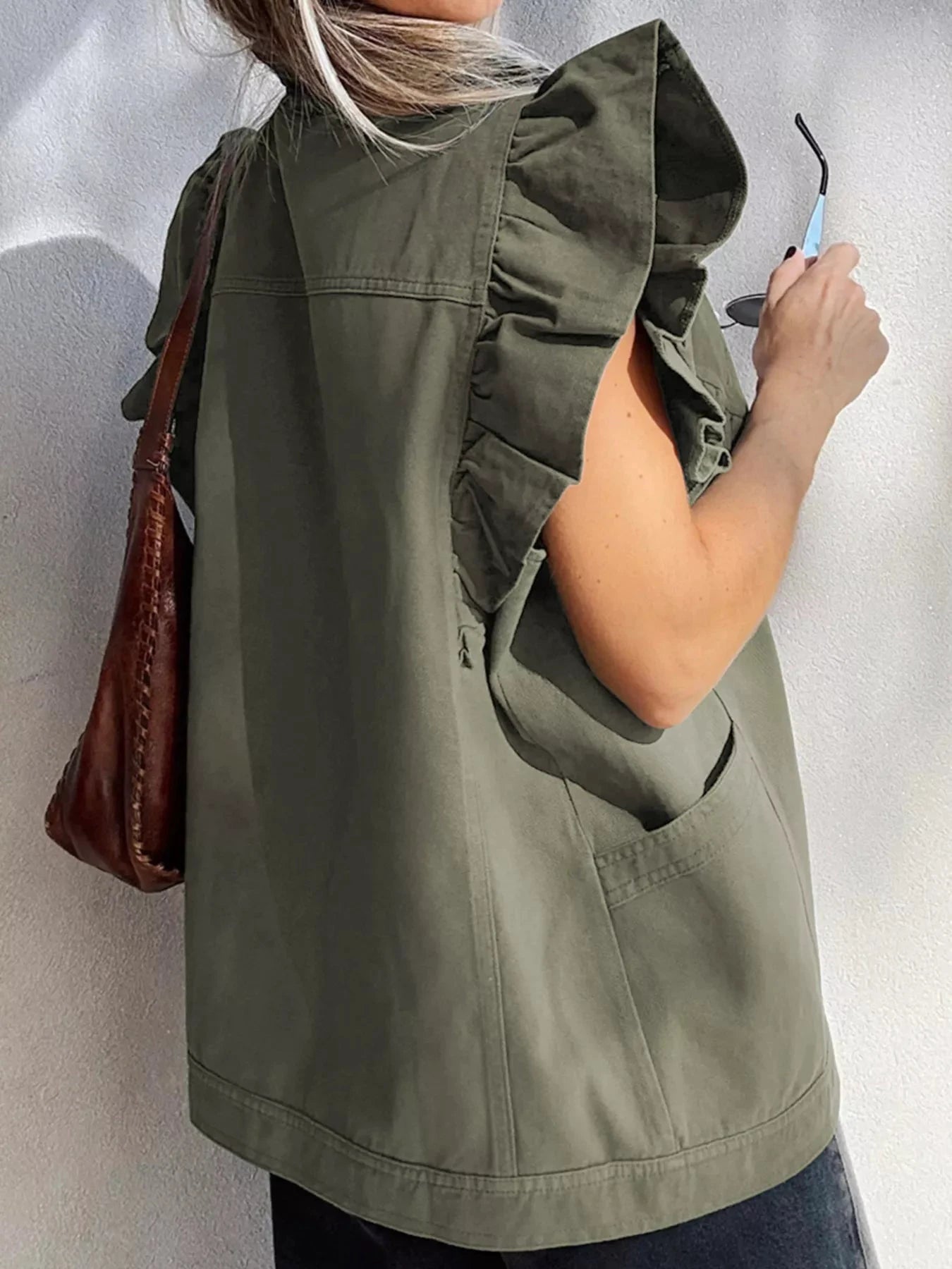 Ruffled Patchwork Denim Jacket Vest by Trendsi