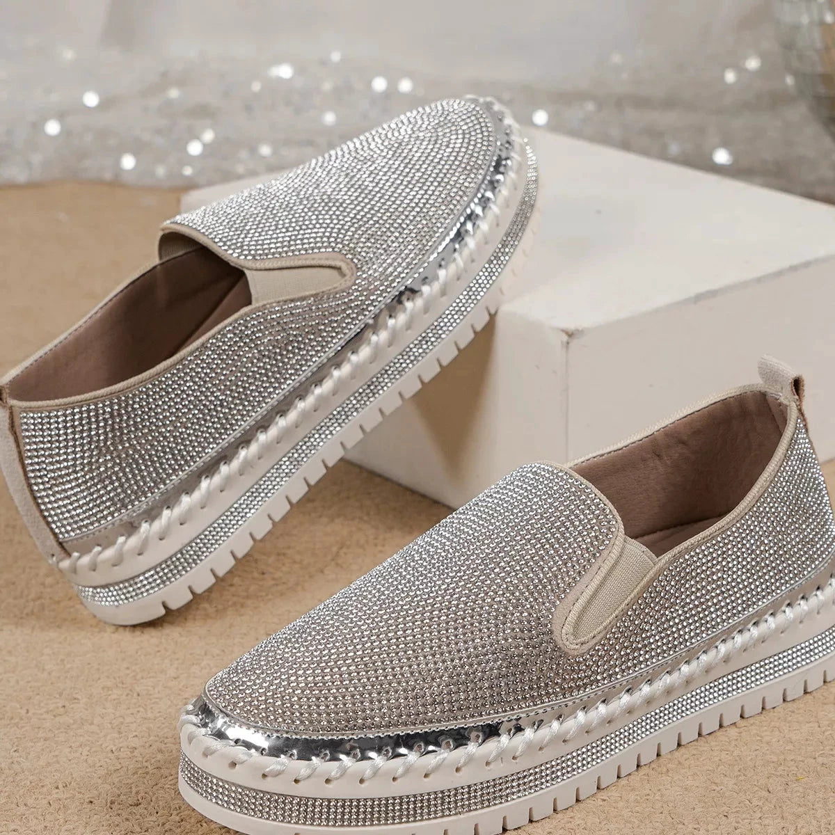 Rhinestone Round Toe Platform Loafers by Trendsi