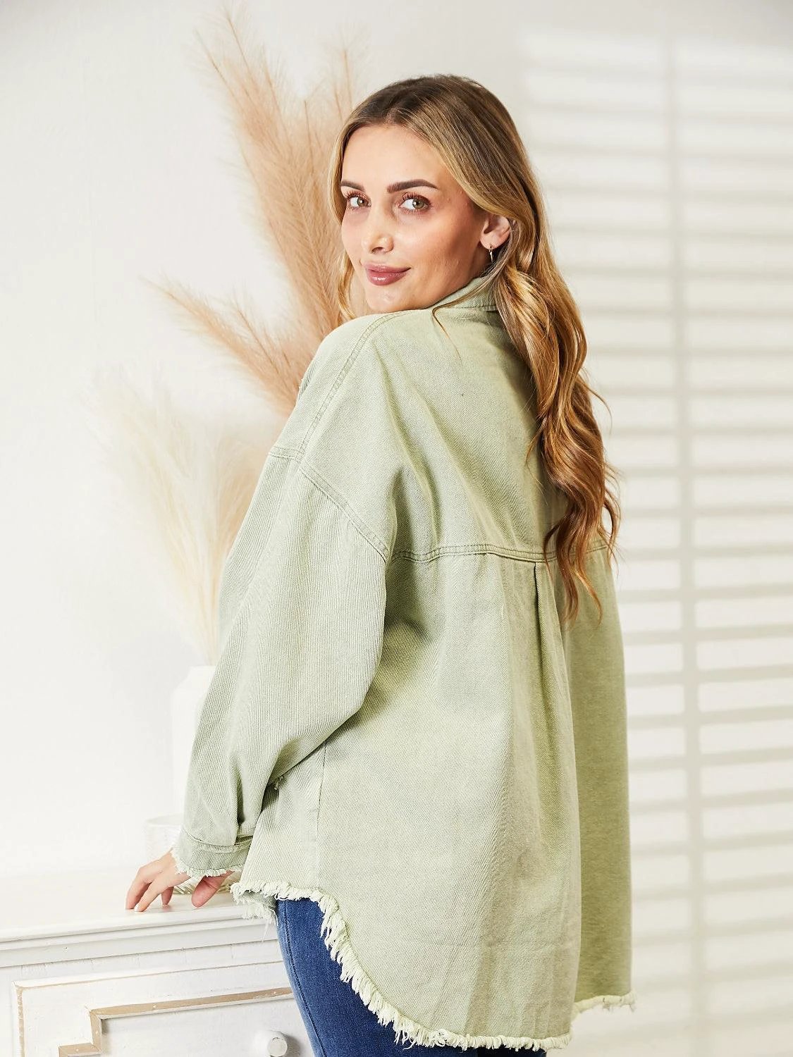 Distressed Raw Hem Denim Jacket by Trendsi