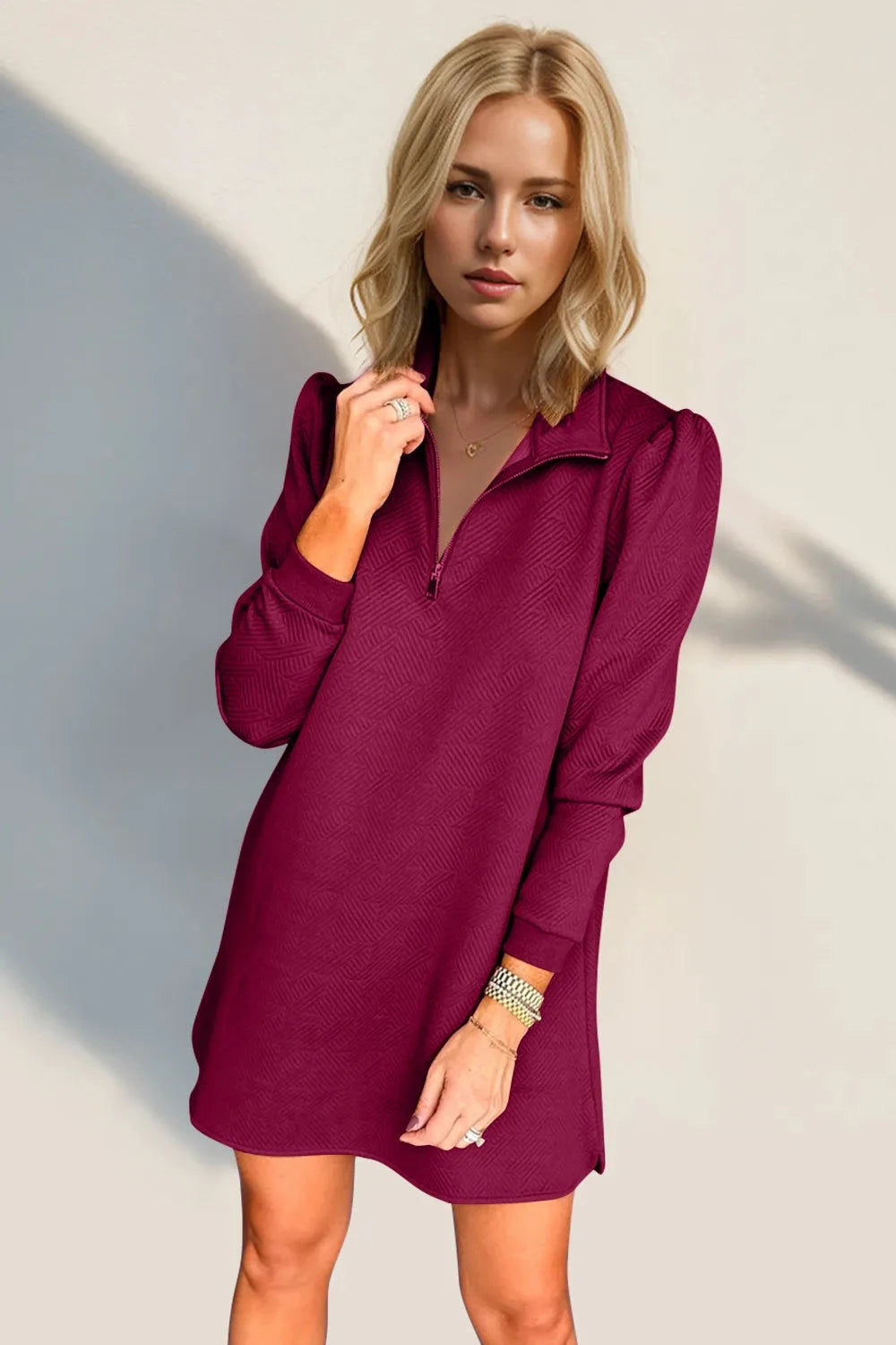 Double Take Textured Quarter Zip Long Sleeve Dress by Trendsi