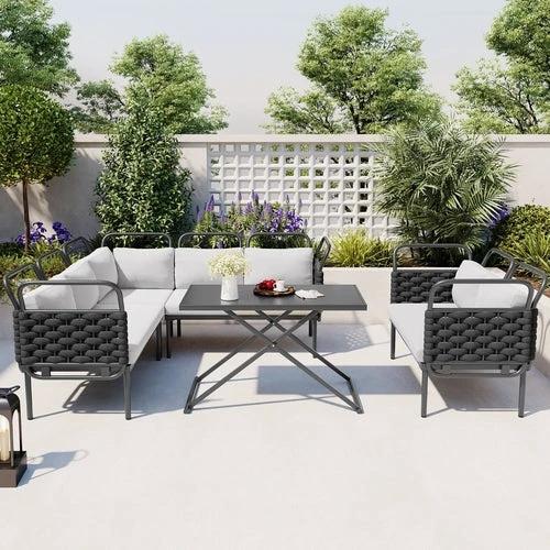 LuneluX_Home – 7-Seater Outdoor Sectional Sofa Set with Glass Table by Jeansdenim.store