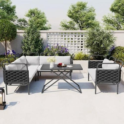 LuneluX_Home – 7-Seater Outdoor Sectional Sofa Set with Glass Table by Jeansdenim.store