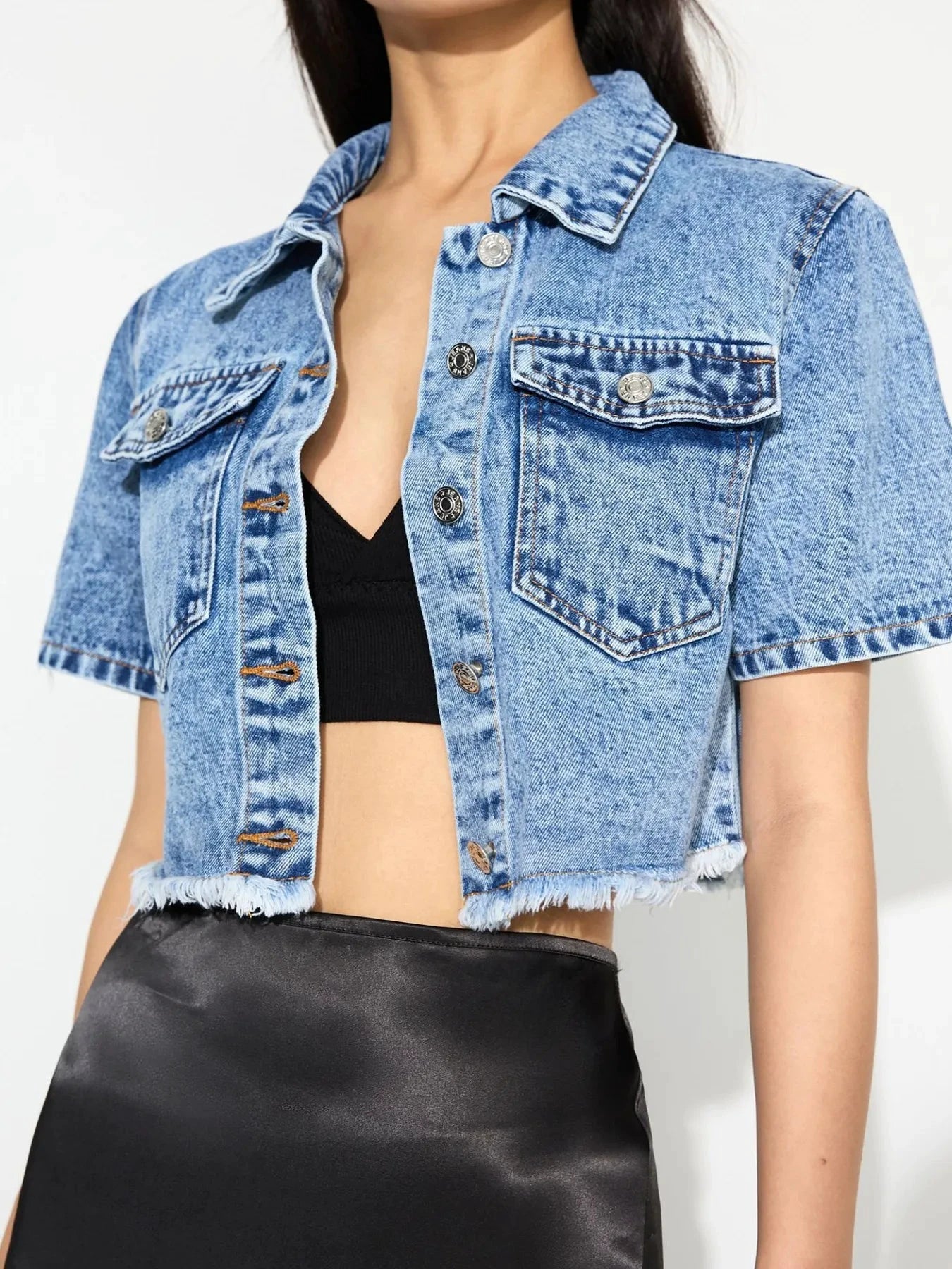 Cropped Short Sleeve Denim Jacket with Frayed Hem by Trendsi