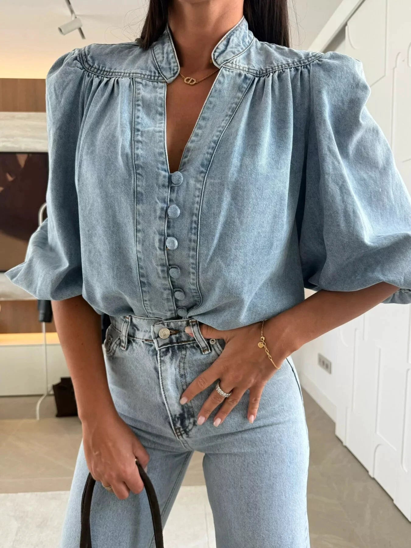 Button-Down Puff Sleeve Denim Top by Trendsi