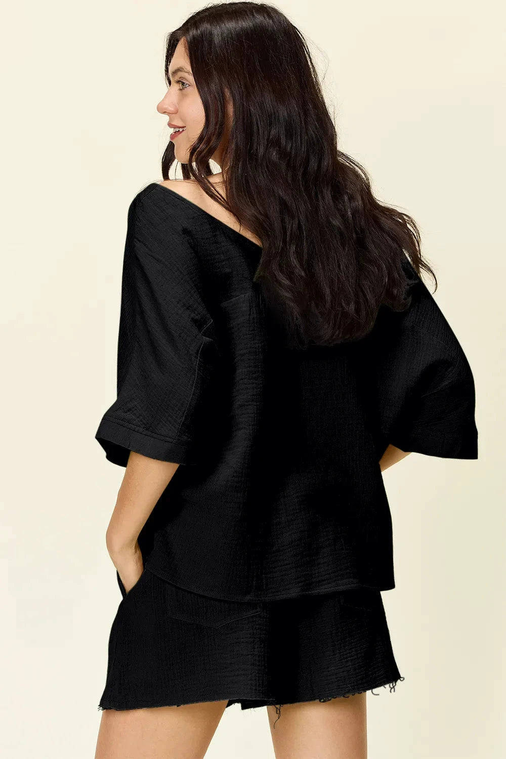 Double Take Texture Half Sleeve T-Shirt and Drawstring Shorts Set by Trendsi