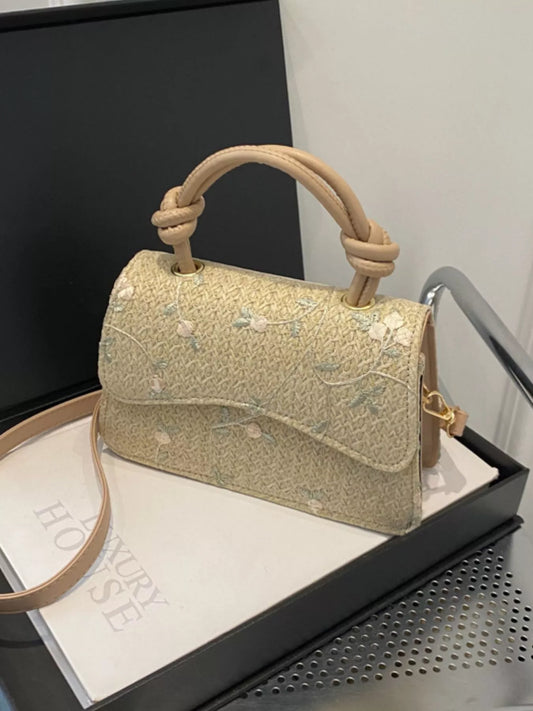 Floral Embroidered Straw Woven Crossbody Bag by Trendsi