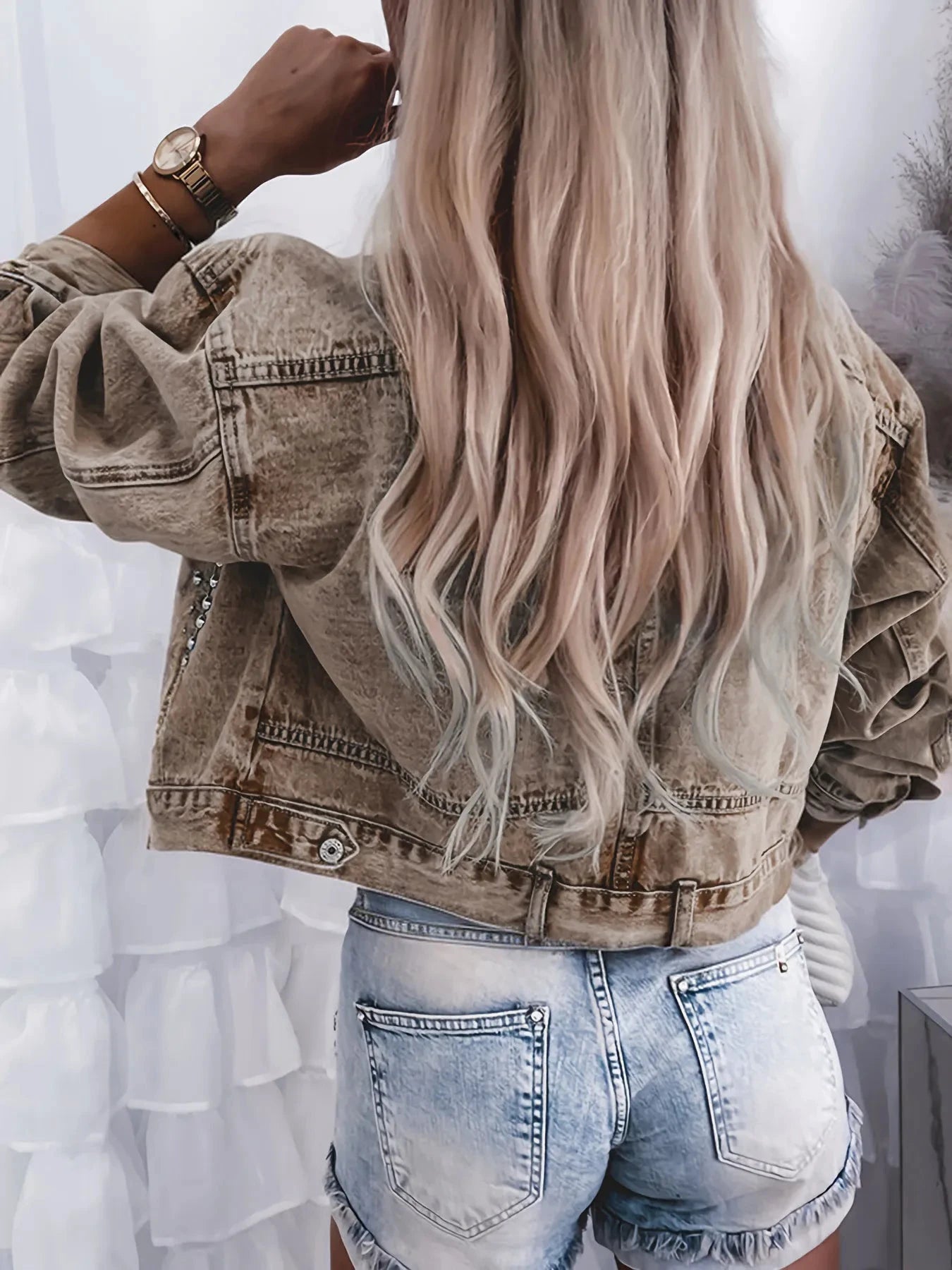 Studded Button Up Denim Jacket by Trendsi