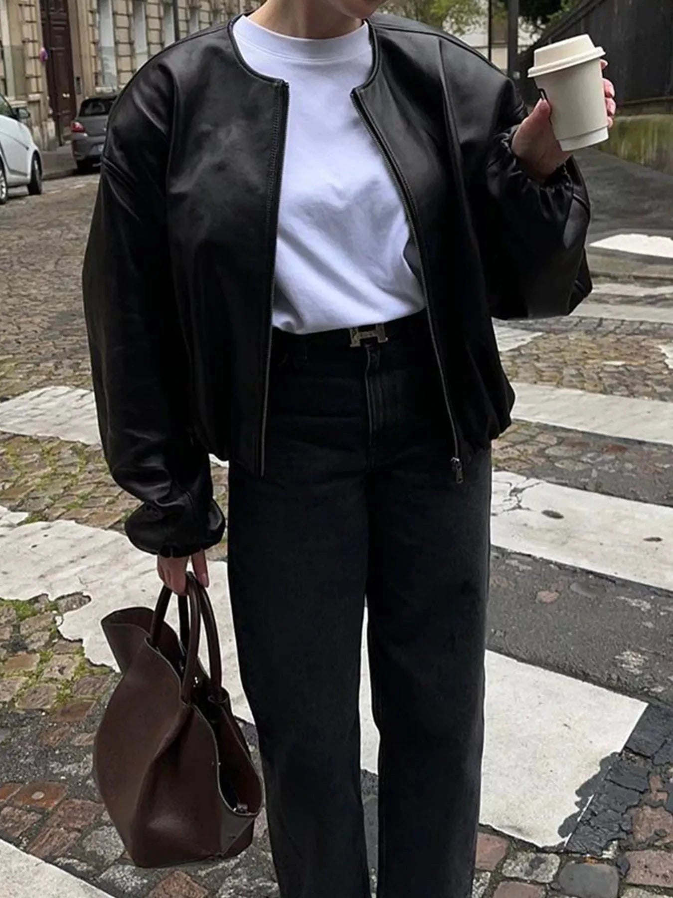 Zip Up Leather Bomber Jacket by Trendsi