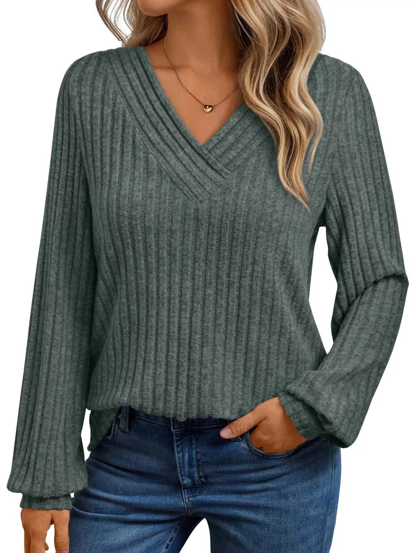Ribbed Knit V-Neck Long Sleeve T-Shirt by Trendsi
