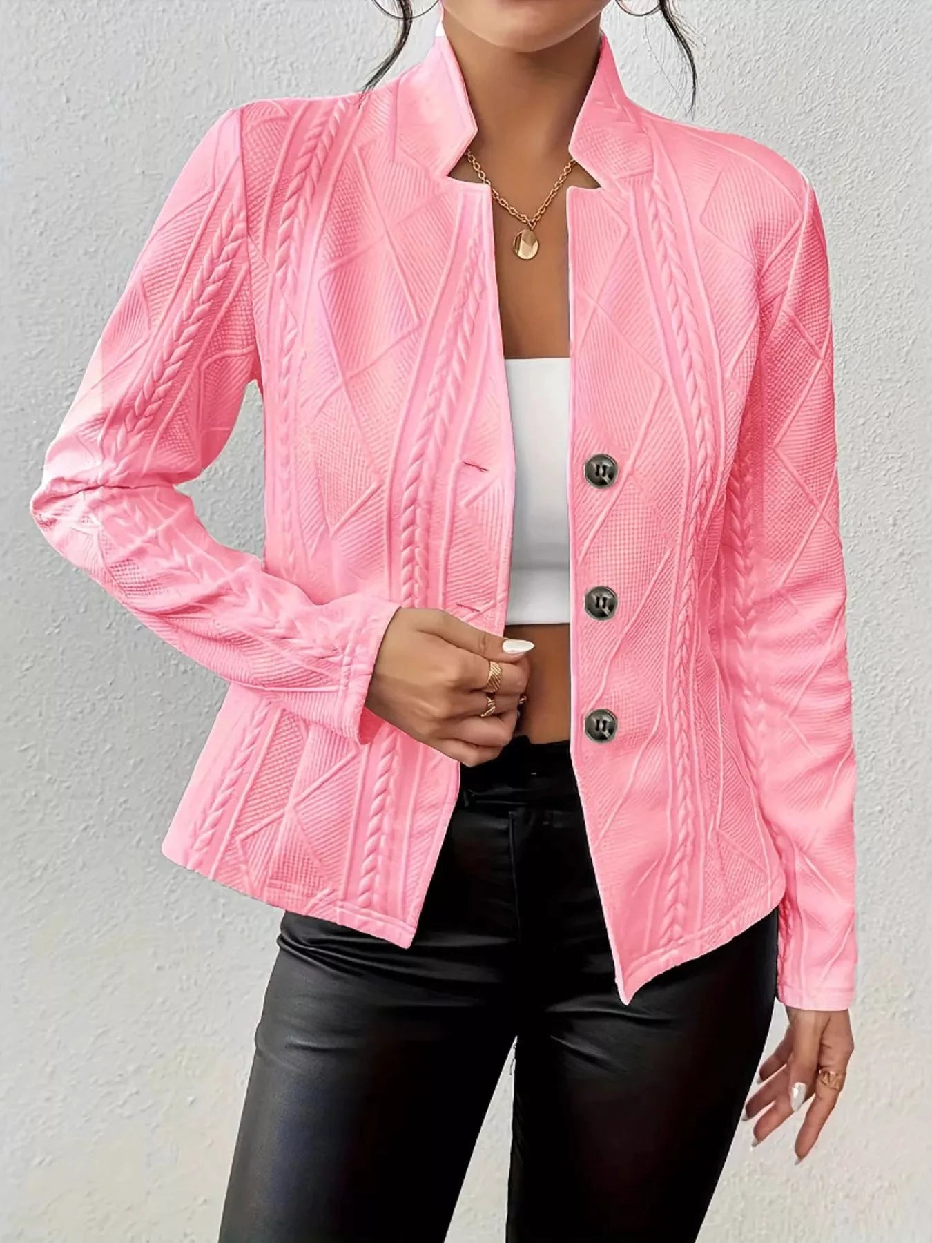 Textured Knit Button-Front Blazer by Trendsi