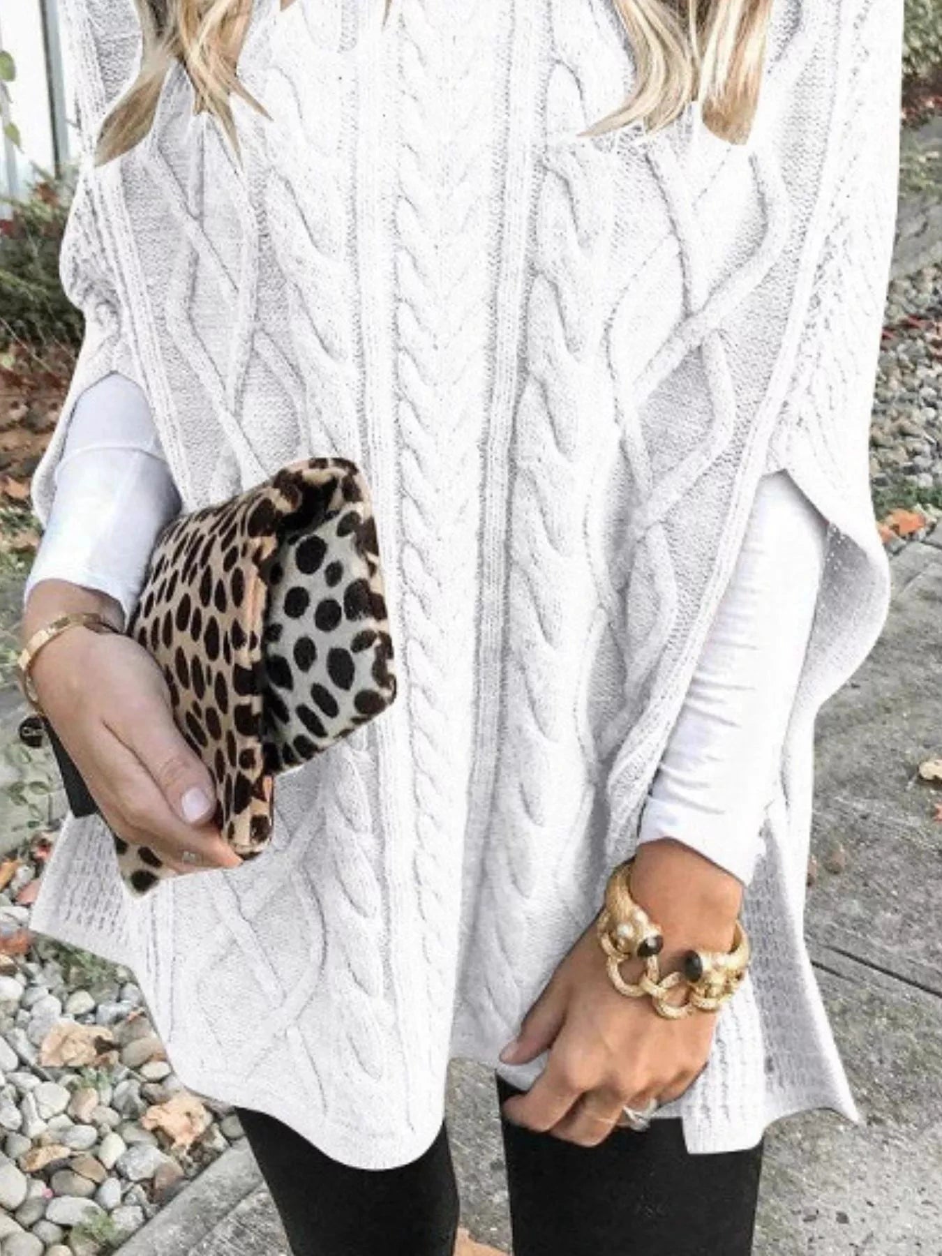 Chunky Cable Knit Turtleneck Poncho Cover Up by Trendsi